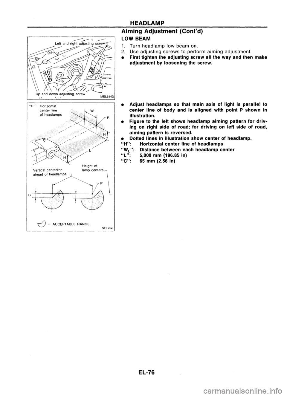 NISSAN ALMERA N15 1995  Service Manual 
-

Up and down adjusting screw

, \ ,I/ 
MEL614DHEADLAMP
Aiming Adjustment (Cont'd)
LOW BEAM

1. Turn headlamp lowbeam on.
2. Use adjusting screwstoperform aimingadjustment.

• First tighten th