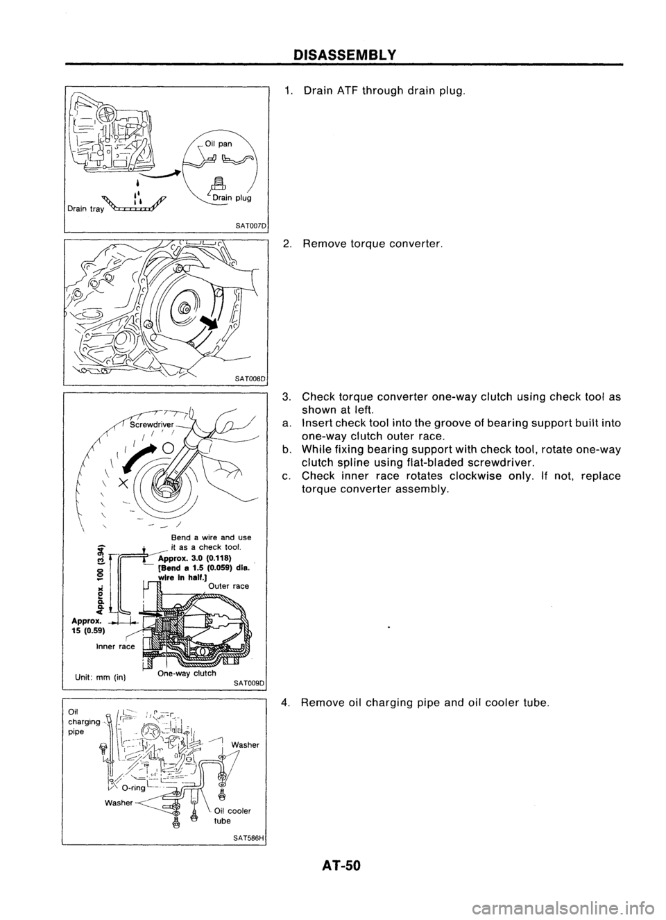 NISSAN ALMERA N15 1995 Workshop Manual DISASSEMBLY

J!in plug 
1.
Drain ATFthrough drainplug.

SAT007D 
2.Remove torqueconverter.
3. Check torque converter one-wayclutchusingcheck toolas
shown atleft.
a. Insert checktoolintothegroove ofbea