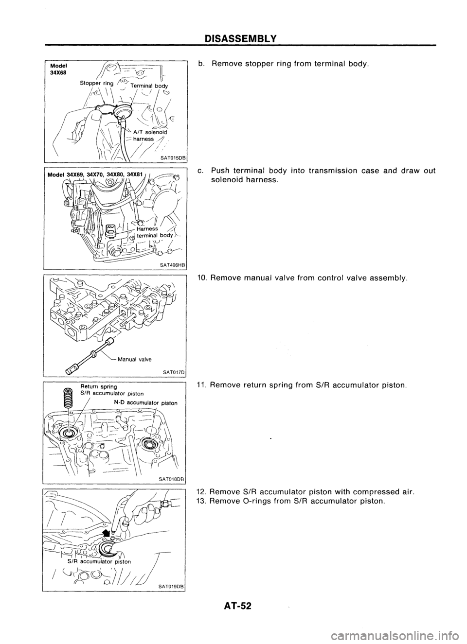 NISSAN ALMERA N15 1995 Workshop Manual 
Model

34X68

SAT496HB
SAT0170 
DISASSEMBL
Y

b. Remove stopperringfrom terminal body.
c. Push terminal bodyintotransmission caseanddraw out
solenoid harness.
10. Remove manualvalvefromcontrol valvea
