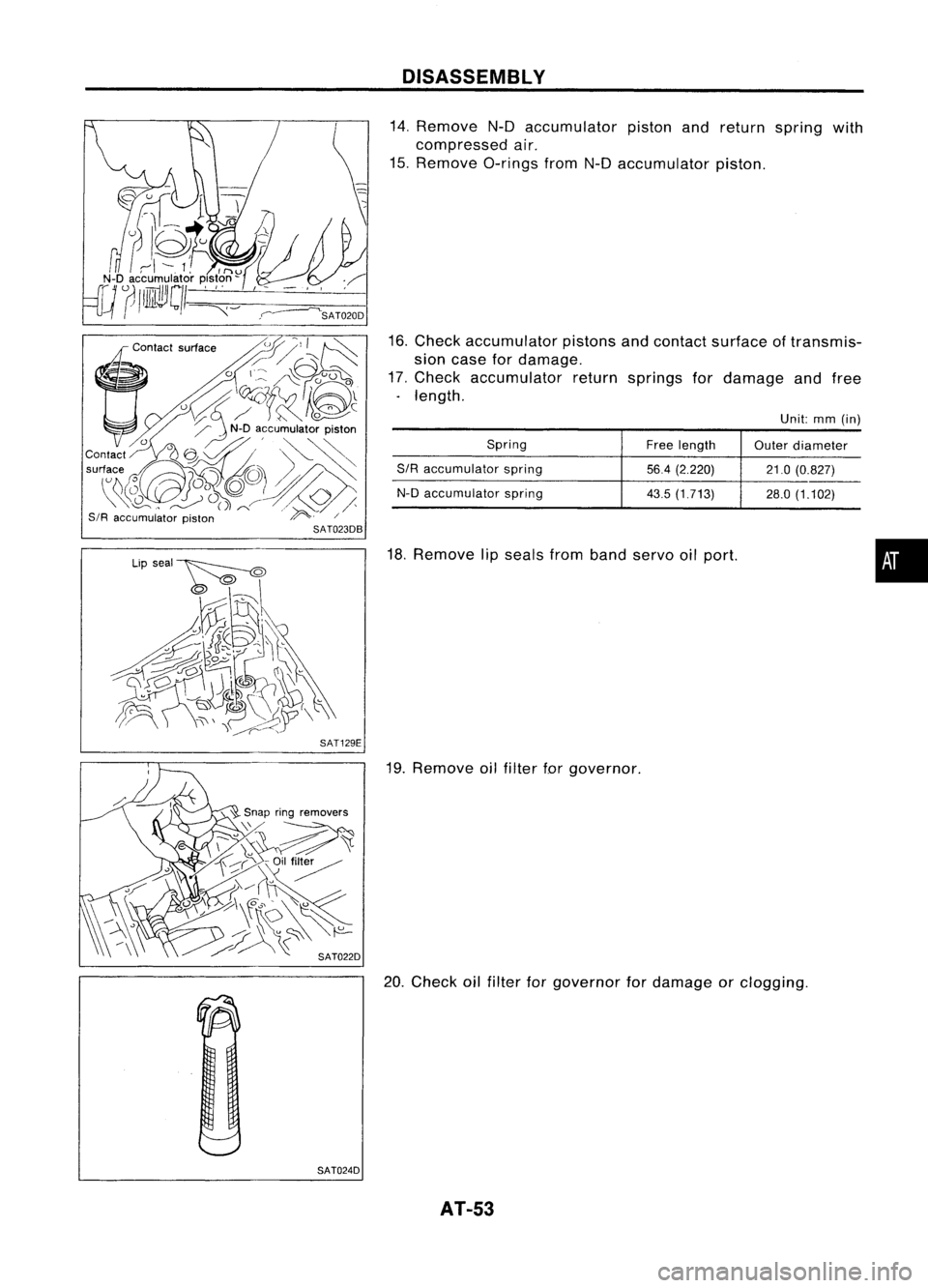 NISSAN ALMERA N15 1995 Workshop Manual ('l:,~~

o 
\~A~~l

o 
u~!~~:

Contact 
0
9 
&k .~

'"~~~~~)(?~~ 
SIR 
accumulator piston ~./

SAT023DB
SAT129E
SAT024D DISASSEMBL
Y

14. Remove N-Daccumulator pistonandreturn spring with
