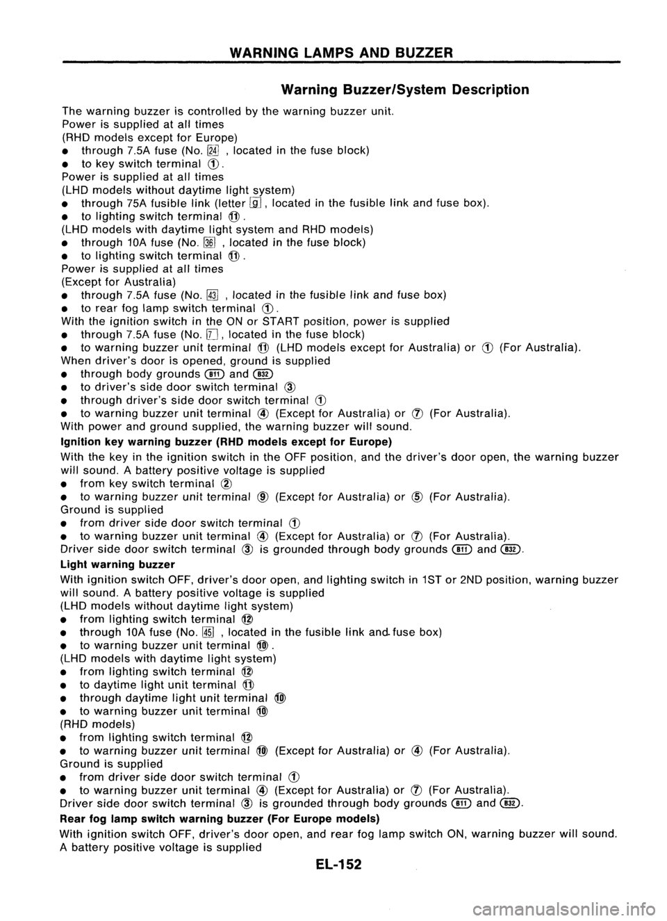 NISSAN ALMERA N15 1995 Service Manual WARNINGLAMPSANDBUZZER
Warning Buzzer/System Description
The warning buzzeriscontrolled bythe warning buzzerunit.
Power issupplied atall times
(RHD models exceptforEurope)
• through 7.5Afuse (No.
[f NISSAN ALMERA N15 1995 Service Manual WARNINGLAMPSANDBUZZER
Warning Buzzer/System Description
The warning buzzeriscontrolled bythe warning buzzerunit.
Power issupplied atall times
(RHD models exceptforEurope)
• through 7.5Afuse (No.
[f