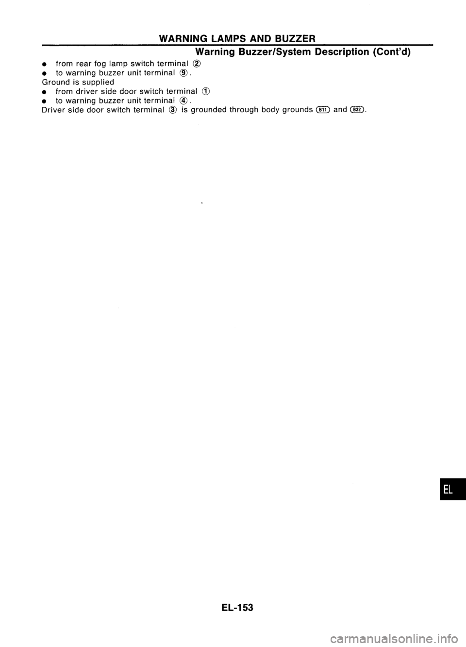 NISSAN ALMERA N15 1995 Service Manual WARNINGLAMPSANDBUZZER
Warning Buzzer/System Description(Cont'd)
• from rearfoglamp switch terminal @
• towarning buzzerunitterminal @.
Ground issupplied
• from driver sidedoor switch termin NISSAN ALMERA N15 1995 Service Manual WARNINGLAMPSANDBUZZER
Warning Buzzer/System Description(Cont'd)
• from rearfoglamp switch terminal @
• towarning buzzerunitterminal @.
Ground issupplied
• from driver sidedoor switch termin
