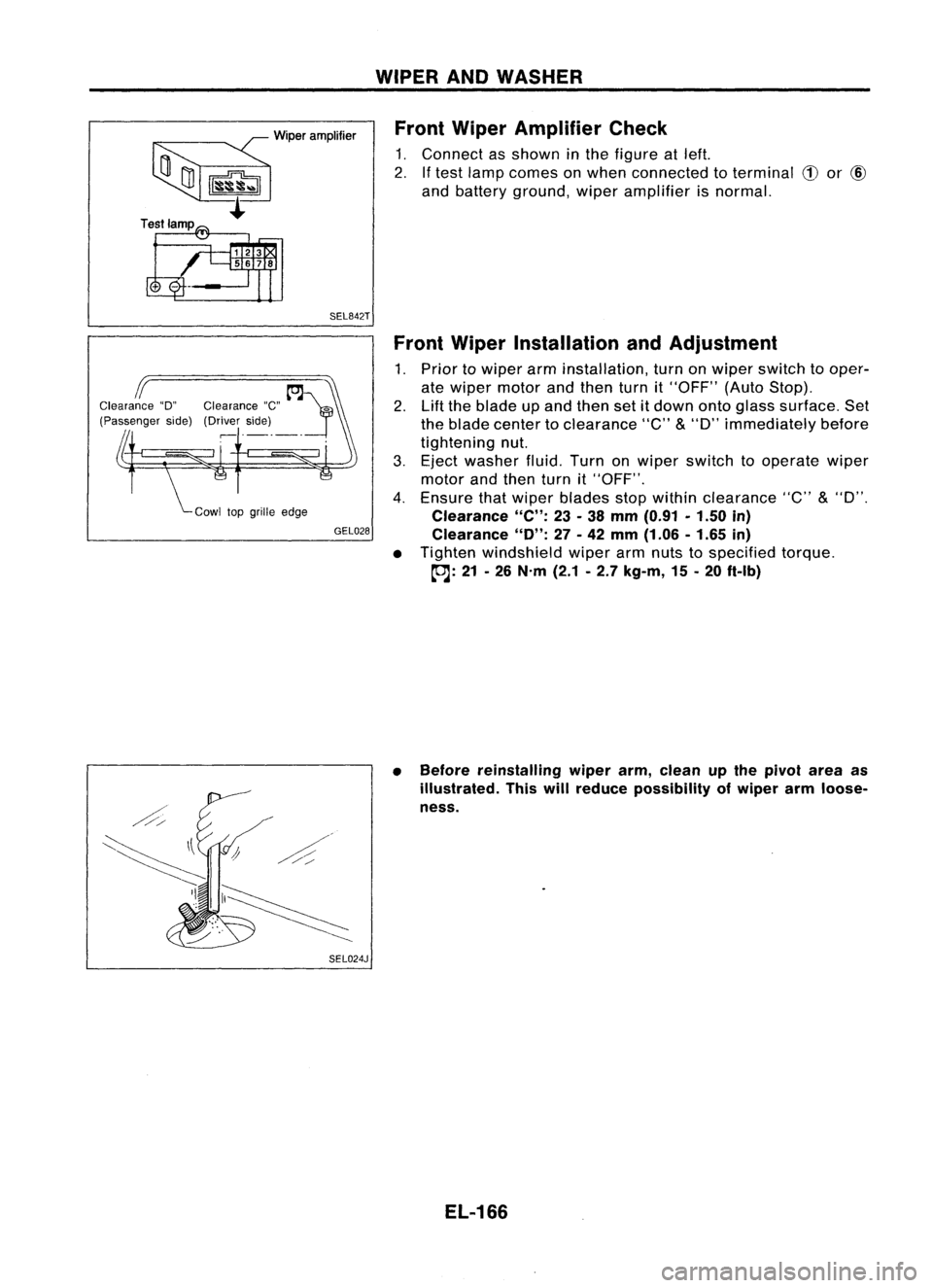 NISSAN ALMERA N15 1995 Service Manual ~Wiperamplifier
~~
t
Test lamp
SEL842TWIPER
ANDWASHER
Front Wiper Amplifier Check
1. Connect asshown inthe figure atleft.
2. Iftest lamp comes onwhen connected toterminal
CD
or
@
and battery grou NISSAN ALMERA N15 1995 Service Manual ~Wiperamplifier
~~
t
Test lamp
SEL842TWIPER
ANDWASHER
Front Wiper Amplifier Check
1. Connect asshown inthe figure atleft.
2. Iftest lamp comes onwhen connected toterminal
CD
or
@
and battery grou