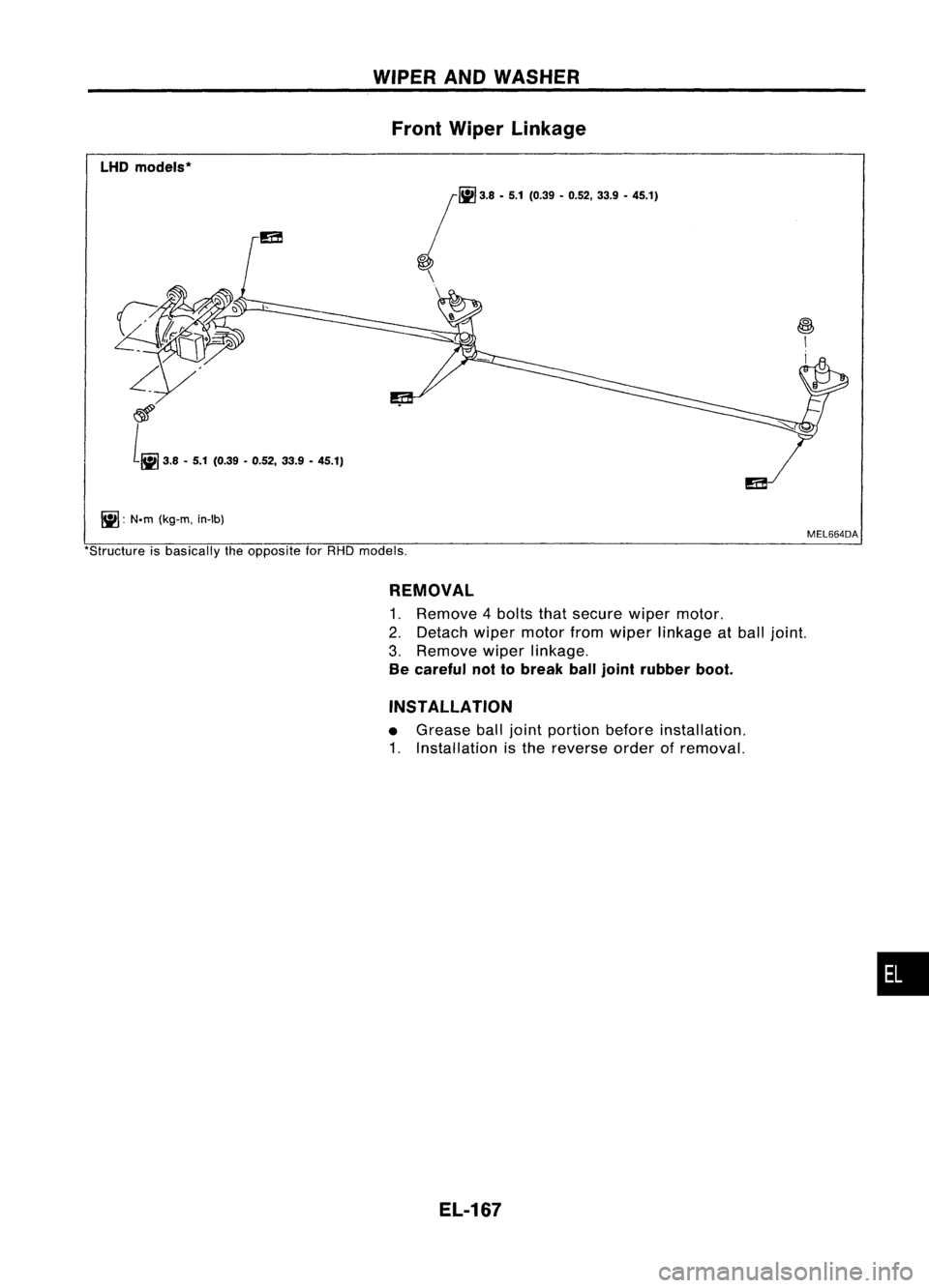NISSAN ALMERA N15 1995 Service Manual WIPERANDWASHER
Front Wiper Linkage
LHD models*
jfiiJ
'.8.5.1('."•'.52, ".9.45.1)
\
\
~: N.m(kg-m, in-Ib)
~
I
I
MEL664DA
'Structure isbasically theopposite forRHD mode NISSAN ALMERA N15 1995 Service Manual WIPERANDWASHER
Front Wiper Linkage
LHD models*
jfiiJ
'.8.5.1('."•'.52, ".9.45.1)
\
\
~: N.m(kg-m, in-Ib)
~
I
I
MEL664DA
'Structure isbasically theopposite forRHD mode