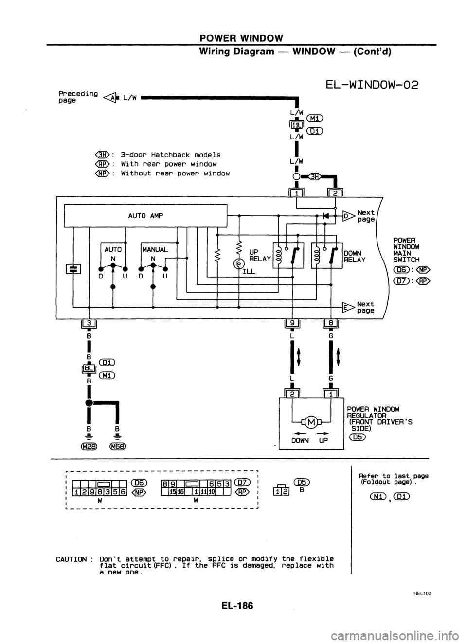 NISSAN ALMERA N15 1995 Service Manual POWERWINDOW
Wiring Diagram -WINDOW -(Cont'd)
EL-WINDOW-02
POWER
WINDOW
MAIN SWITCH
CQID:@
@D:<Be>
UP
RELAY
ILL
MANUAL
N
D U
AUTO
AMP
AUTO
N
QB):
3-door Hatchback models
@:
With rear p NISSAN ALMERA N15 1995 Service Manual POWERWINDOW
Wiring Diagram -WINDOW -(Cont'd)
EL-WINDOW-02
POWER
WINDOW
MAIN SWITCH
CQID:@
@D:<Be>
UP
RELAY
ILL
MANUAL
N
D U
AUTO
AMP
AUTO
N
QB):
3-door Hatchback models
@:
With rear p