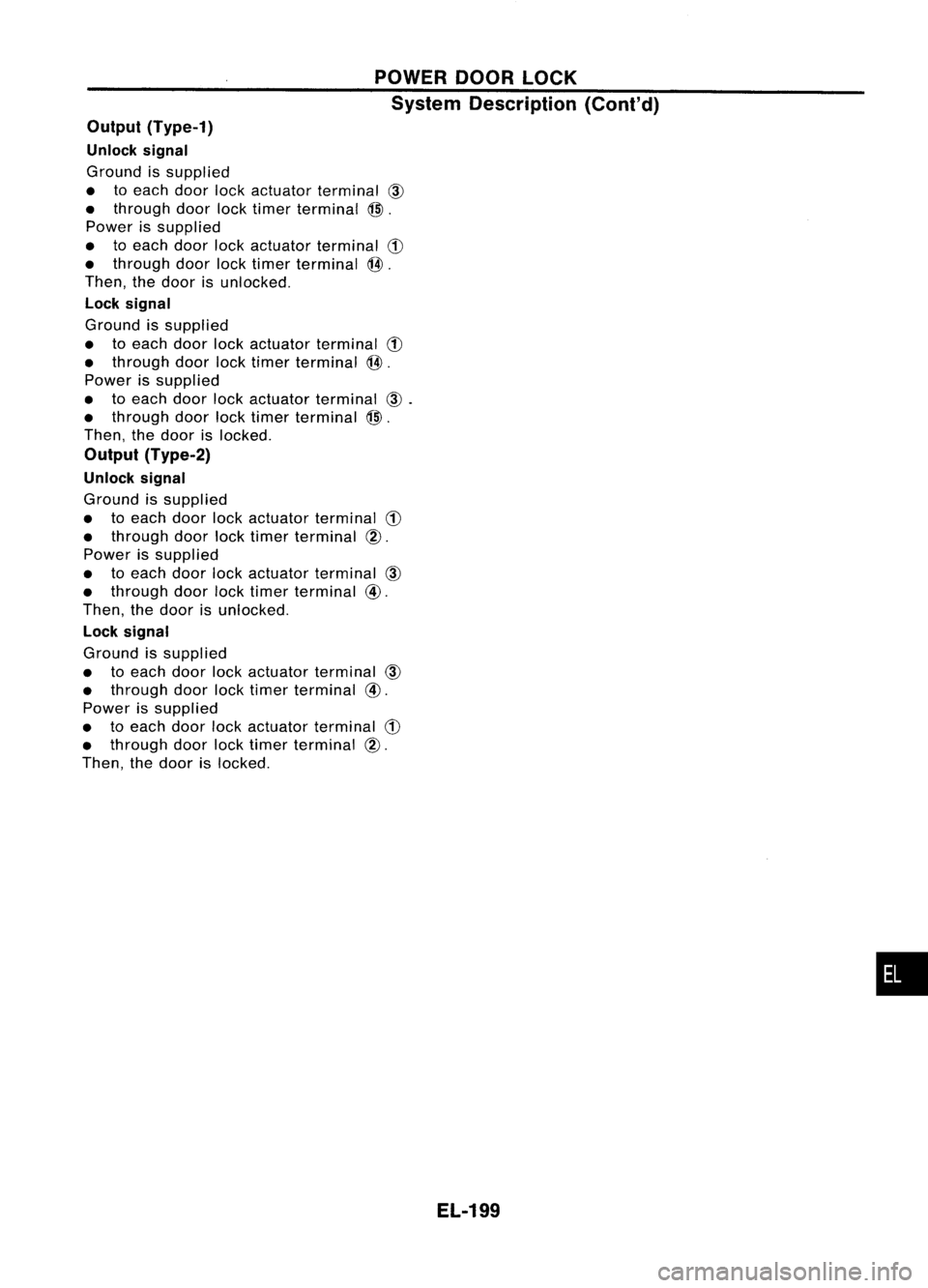 NISSAN ALMERA N15 1995 Service Manual POWERDOORLOCK
System Description (Cont'd)
Output (Type-1)
Unlock signal
Ground issupplied
• toeach doorlockactuator terminal
CID
• through doorlocktimer terminal
@J.
Power issupplied
• NISSAN ALMERA N15 1995 Service Manual POWERDOORLOCK
System Description (Cont'd)
Output (Type-1)
Unlock signal
Ground issupplied
• toeach doorlockactuator terminal
CID
• through doorlocktimer terminal
@J.
Power issupplied
•