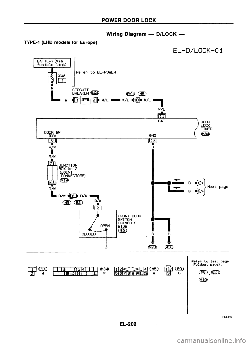 NISSAN ALMERA N15 1995 Service Manual POWERDOORLOCK
Wiring Diagram -D/LOCK -
TVPE-1 (LHDmodels forEurope)
EL-D/LOCK-01
Refer toEL-POWER.
DOOR
LOCK
TIMER
~
-B>}
Next
page
~
~
e-e-
B
I ~
B
GND
~ B
CIRCUIT
BREAKER
(102)
<E!Q.D NISSAN ALMERA N15 1995 Service Manual POWERDOORLOCK
Wiring Diagram -D/LOCK -
TVPE-1 (LHDmodels forEurope)
EL-D/LOCK-01
Refer toEL-POWER.
DOOR
LOCK
TIMER
~
-B>}
Next
page
~
~
e-e-
B
I ~
B
GND
~ B
CIRCUIT
BREAKER
(102)
<E!Q.D