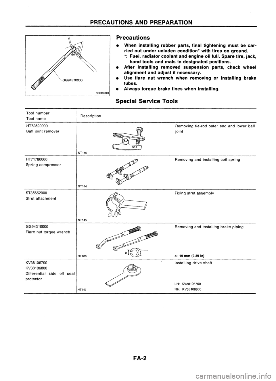 NISSAN ALMERA N15 1995 Service Manual PRECAUTIONSANDPREPARATION
Precautions
• When installing rubberparts,finaltightening mustbecar-
ried outunder unladen condition* withtires onground.
*: Fuel, radiator coolantandengine oilfull. Spare NISSAN ALMERA N15 1995 Service Manual PRECAUTIONSANDPREPARATION
Precautions
• When installing rubberparts,finaltightening mustbecar-
ried outunder unladen condition* withtires onground.
*: Fuel, radiator coolantandengine oilfull. Spare