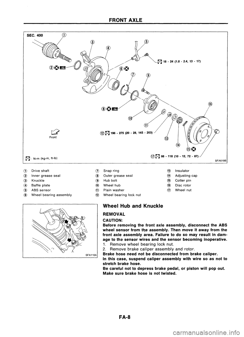 NISSAN ALMERA N15 1995 Service Manual
FRONTAXLE
Front
~ :N.m (kg-m, ft-Ib)
10
@~
98•118 (10•12, 72-87)
SFA619B
CD
Drive shaft
@
Inner grease seal
@
Knuckle
@
Baffle plate
@
ABS sensor
@
Wheel bearing assembly
(J)
S NISSAN ALMERA N15 1995 Service Manual
FRONTAXLE
Front
~ :N.m (kg-m, ft-Ib)
10
@~
98•118 (10•12, 72-87)
SFA619B
CD
Drive shaft
@
Inner grease seal
@
Knuckle
@
Baffle plate
@
ABS sensor
@
Wheel bearing assembly
(J)
S