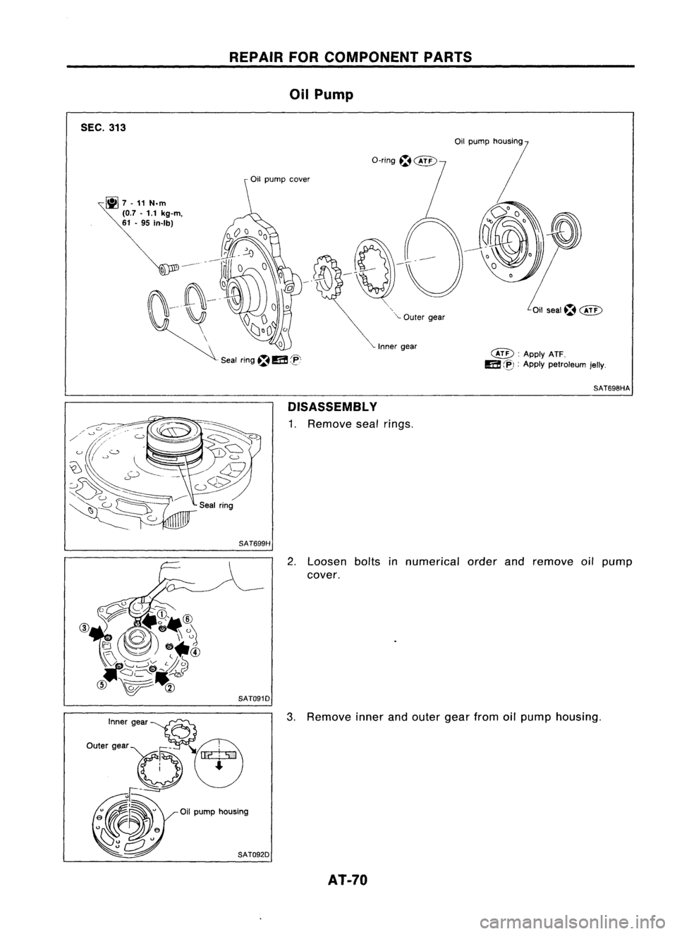NISSAN ALMERA N15 1995 Repair Manual 
SEC.313 
REPAIR
FORCOMPONENT PARTS
Oil Pump
a-ring
~@D

~ 7-11 N.m

(0.7 -1.1 kg-m,

61 -95 in-Ibj

\ 
o

Seal ring~
m 
C!'\ 
',-
Ouler gear
Inner gear

@V:
ApplyATF.

m 
C~):
Apply petroleum