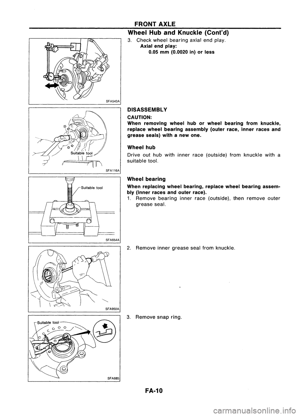 NISSAN ALMERA N15 1995  Service Manual SFA116A
SFA654A 
FRONT
AXLE

Wheel HubandKnuckle (Cont'd)

3. Check wheelbearing axialendplay.

Axial endplay:
0.05 mm(0.0020 in)orless
DISASSEMBL Y
CAUTION:
When removing wheelhuborwheel bearing 
