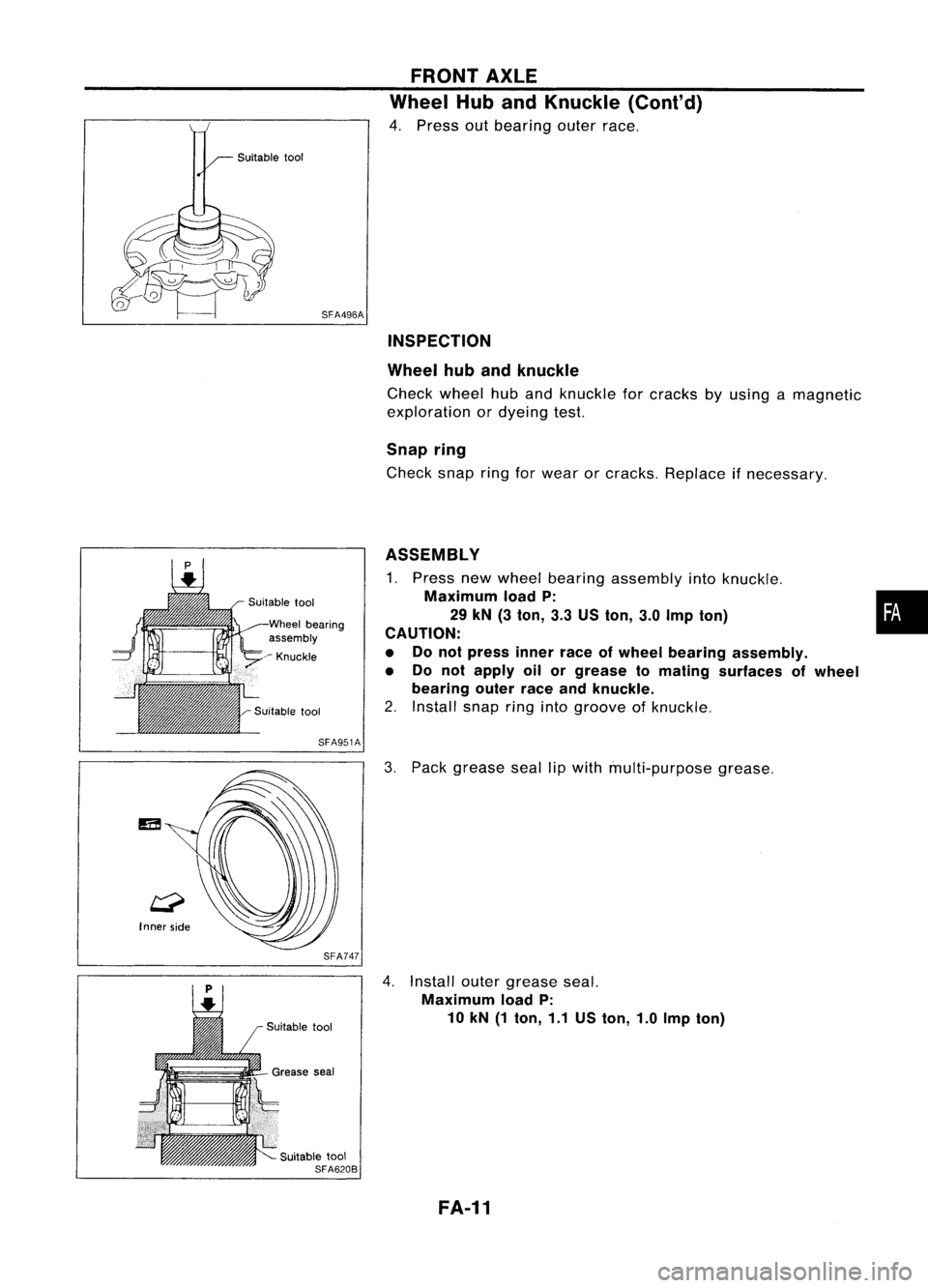 NISSAN ALMERA N15 1995  Service Manual SFA496AFRONT
AXLE
Wheel HubandKnuckle (Cont'd)

4. Press outbearing outerrace.

INSPECTION
Wheel hubandknuckle

Check wheel huband knuckle forcracks byusing amagnetic
exploration ordyeing test.

S
