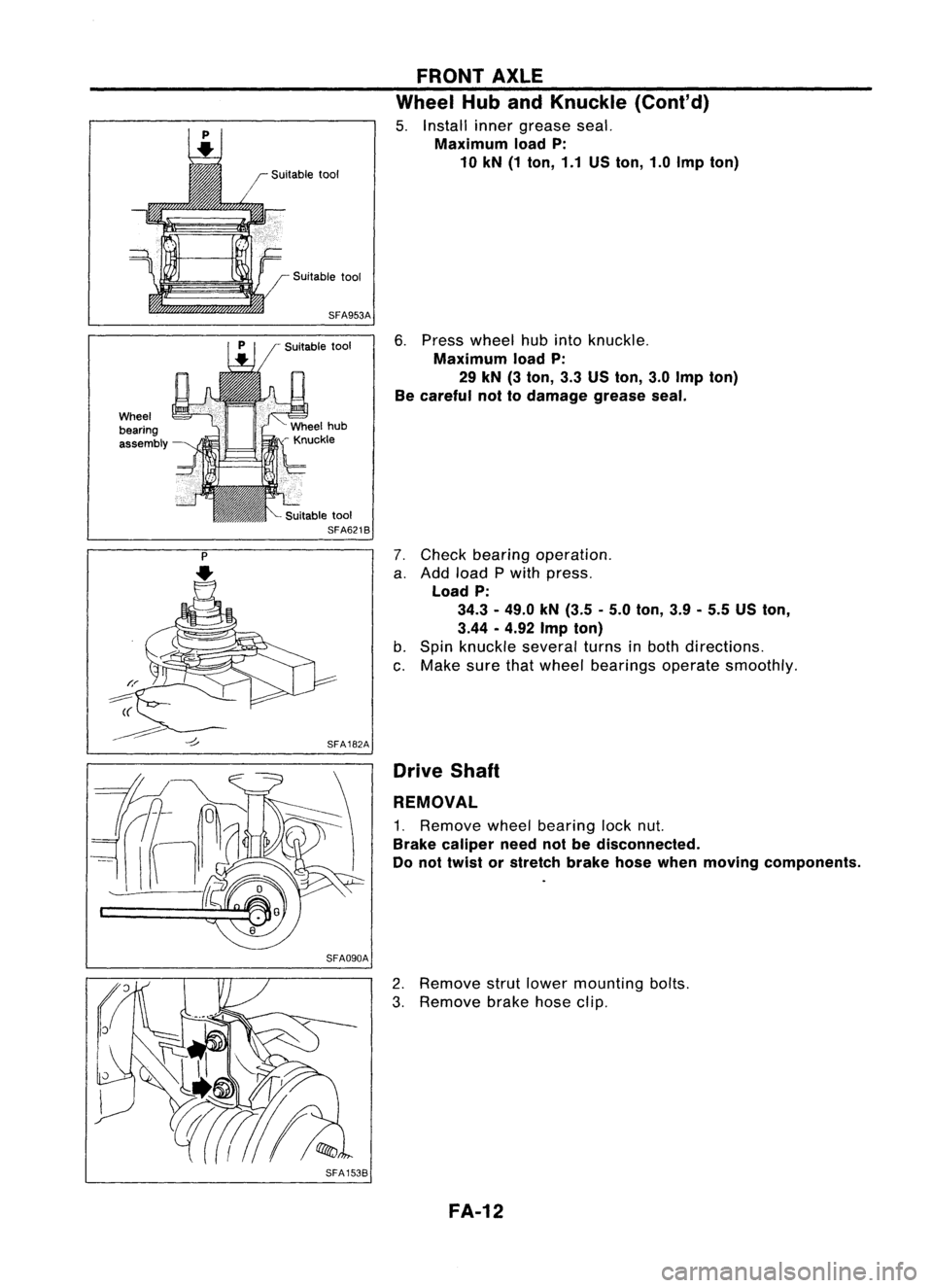 NISSAN ALMERA N15 1995  Service Manual Wheelbearing
assembly SFA953A
SFA090A 
FRONT
AXLE

Wheel HubandKnuckle (Cont'd)

5. Install innergrease seal.

Maximum loadP:
10 kN (1ton, 1.1USton, 1.0Imp ton)

6. Press wheel hubinto knuckle.

M