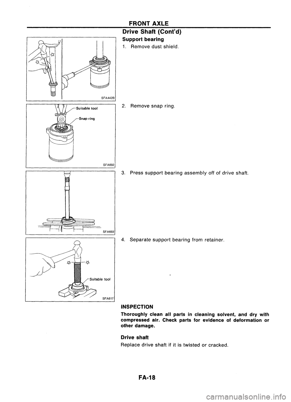 NISSAN ALMERA N15 1995  Service Manual SFA692FRONT
AXLE
Drive Shaft(Cont'd)

Support bearing

1. Remove dustshield.
2. Remove snapring.
3. Press support bearingassembly offofdrive shaft.
4. Separate supportbearingfromretainer.

INSPECT
