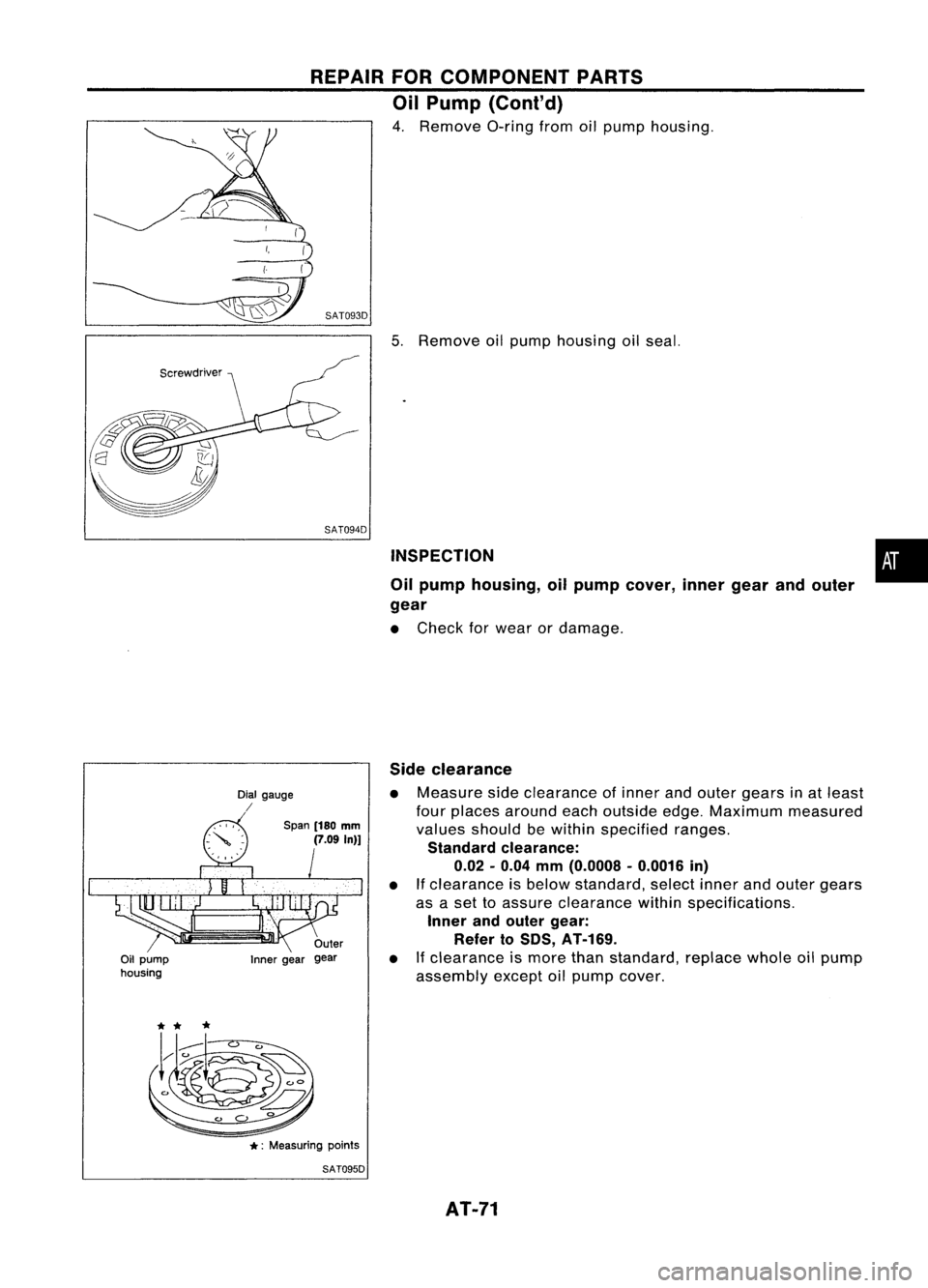 NISSAN ALMERA N15 1995 Manual PDF REPAIRFORCOMPONENT PARTS
Oil Pump (Cont'd)

4. Remove O-ringfromoilpump housing.

( 
(

~) SAT093D

5.Remove oilpump housing oilseal.

SAT094D INSPECTION
Oil pump housing, oilpump cover, innergear
