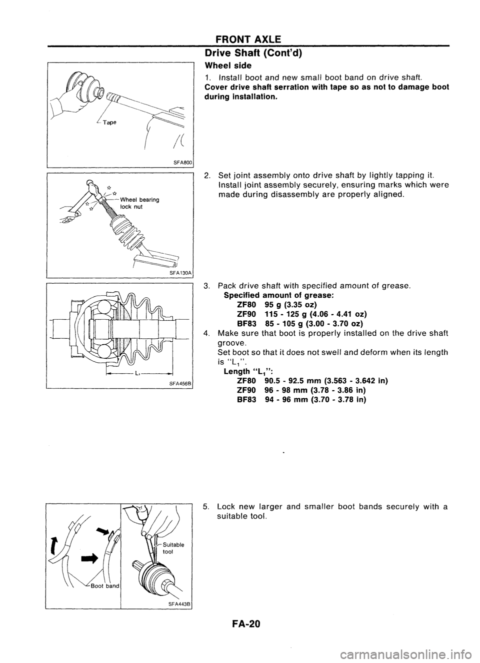 NISSAN ALMERA N15 1995 Service Manual SFA800
r:r
1..--*
-Wheel bearing
lock nut
SFA130A
SFA4568
SFA4438
FRONT
AXLE
Drive Shaft(Cont'd)
Wheel side
1. Install bootandnew small bootband on
drive
shaft.
Cover driveshaftserration NISSAN ALMERA N15 1995 Service Manual SFA800
r:r
1..--*
-Wheel bearing
lock nut
SFA130A
SFA4568
SFA4438
FRONT
AXLE
Drive Shaft(Cont'd)
Wheel side
1. Install bootandnew small bootband on
drive
shaft.
Cover driveshaftserration