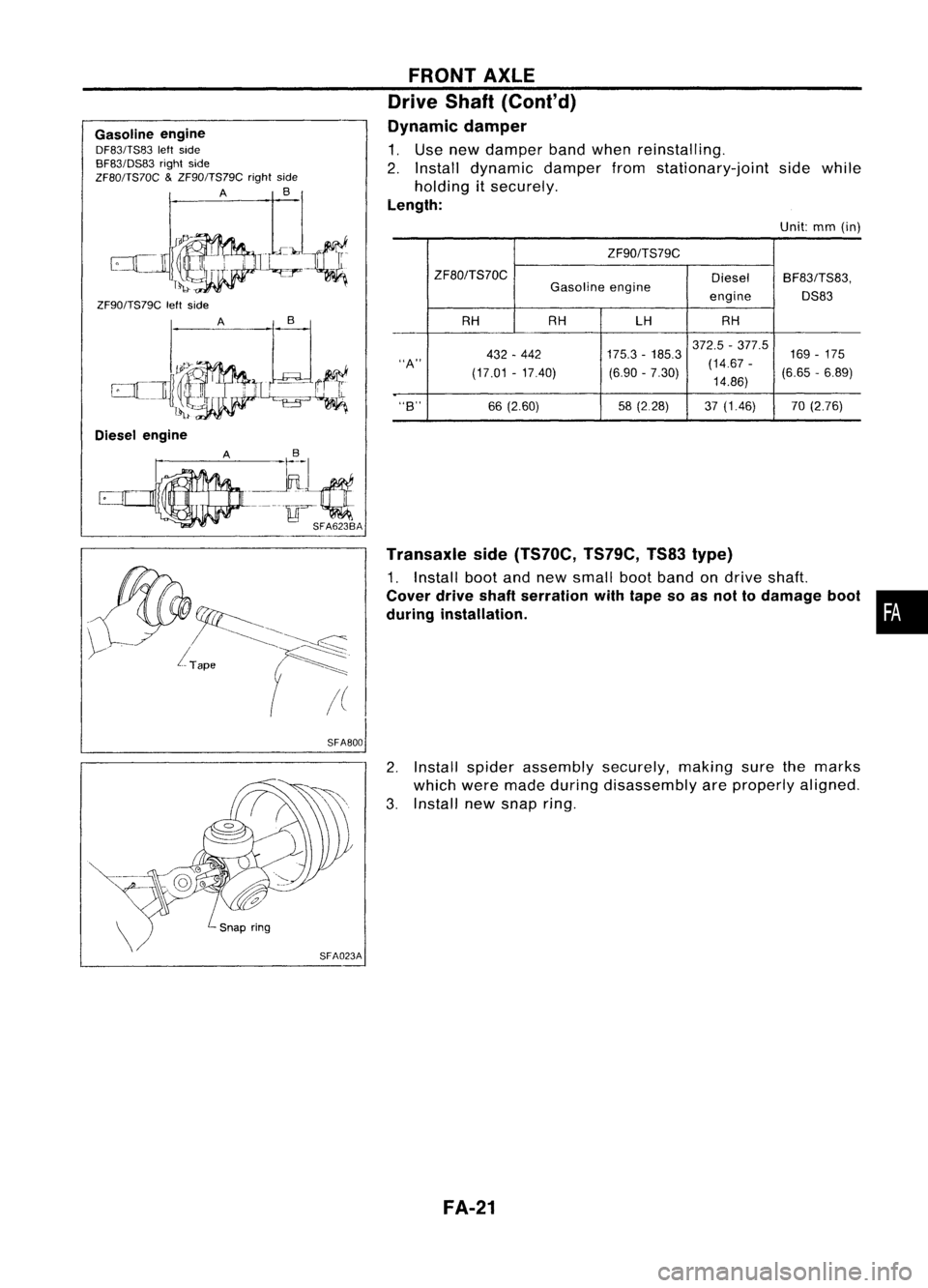 NISSAN ALMERA N15 1995 Service Manual Gasolineengine
DF83/TS83 leftside
BF83/DS83 rightside
ZF80/TS70C
&
ZF90/TS79C rightside
A
B_1
.":JJ.Ci
ZF90/TS79C leftside
SFA800FRONT
AXLE
Drive Shaft(Cont'd)
Dynamic damper
1. Use new NISSAN ALMERA N15 1995 Service Manual Gasolineengine
DF83/TS83 leftside
BF83/DS83 rightside
ZF80/TS70C
&
ZF90/TS79C rightside
A
B_1
.":JJ.Ci
ZF90/TS79C leftside
SFA800FRONT
AXLE
Drive Shaft(Cont'd)
Dynamic damper
1. Use new
