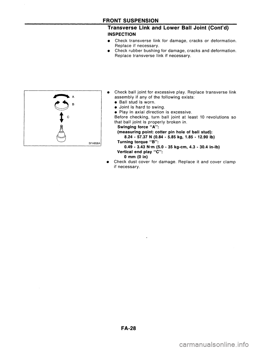 NISSAN ALMERA N15 1995 Service Manual
,...............A
SFA858AFRONT
SUSPENSION
Transverse LinkandLower BallJoint (Cont'd)
INSPECTION
• Check transverse linkfordamage, cracksordeformation.
Replace ifnecessary.
• Check rubber bu NISSAN ALMERA N15 1995 Service Manual
,...............A
SFA858AFRONT
SUSPENSION
Transverse LinkandLower BallJoint (Cont'd)
INSPECTION
• Check transverse linkfordamage, cracksordeformation.
Replace ifnecessary.
• Check rubber bu
