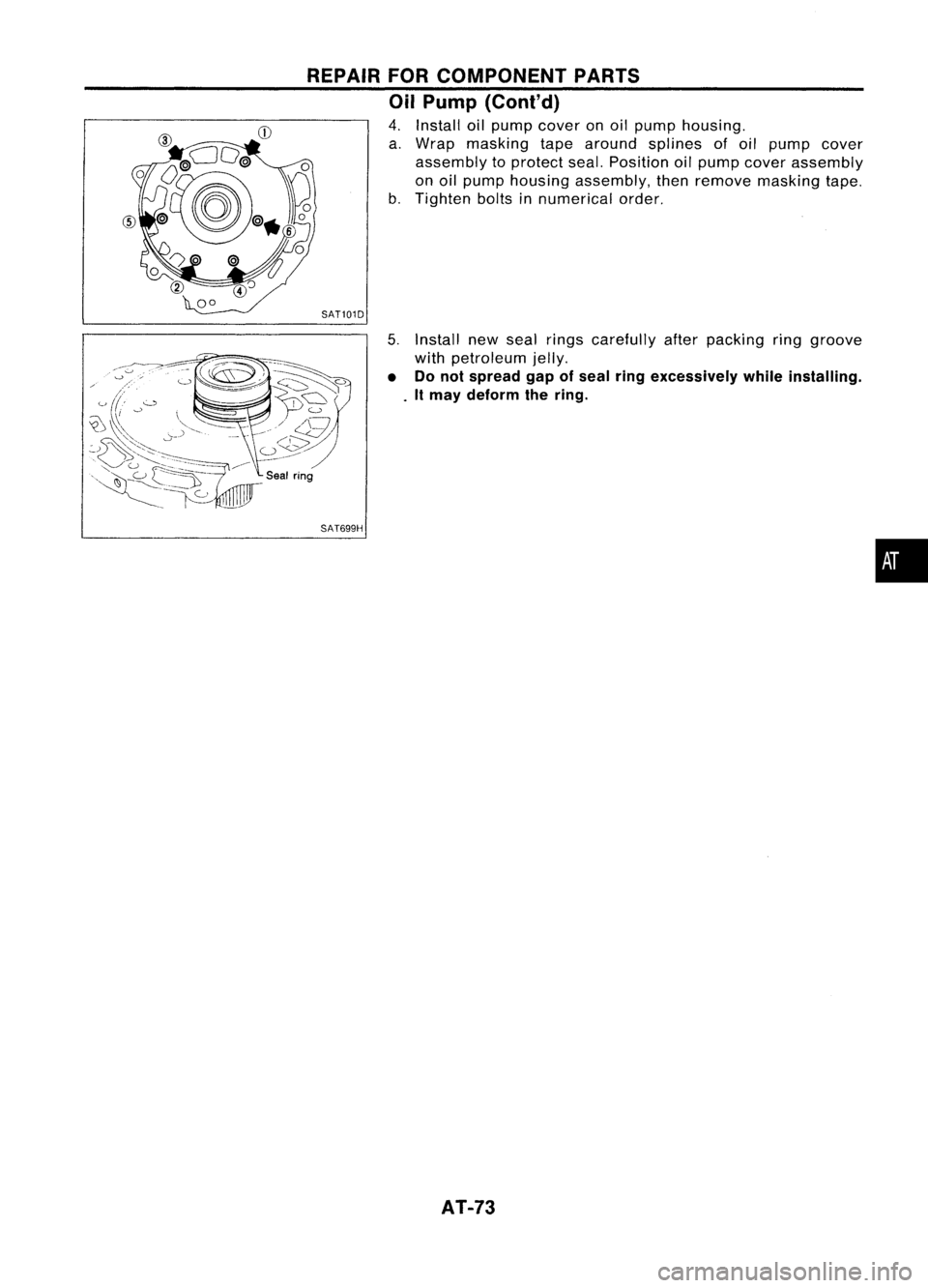 NISSAN ALMERA N15 1995 Manual PDF REPAIRFORCOMPONENT PARTS
Oil Pump (Conl'd)

4. Install oilpump cover onoil pump housing.
a. Wrap masking tapearound splines ofoil pump cover
assembly toprotect seal.Position oilpump cover assembly