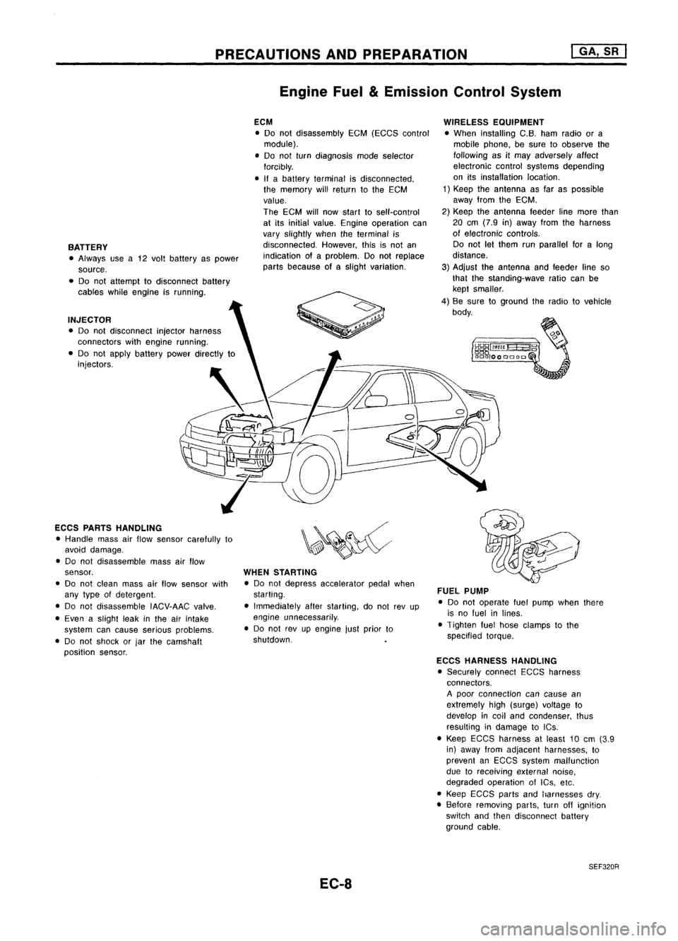 NISSAN ALMERA N15 1995  Service Manual PRECAUTIONSANDPREPARATION
Engine Fuel
&
Emission ControlSystem 
I

GA, SR
I

BATTERY • Always usea12 volt battery aspower
source.
• Do not attempt todisconnect battery
cables whileengine isrunning