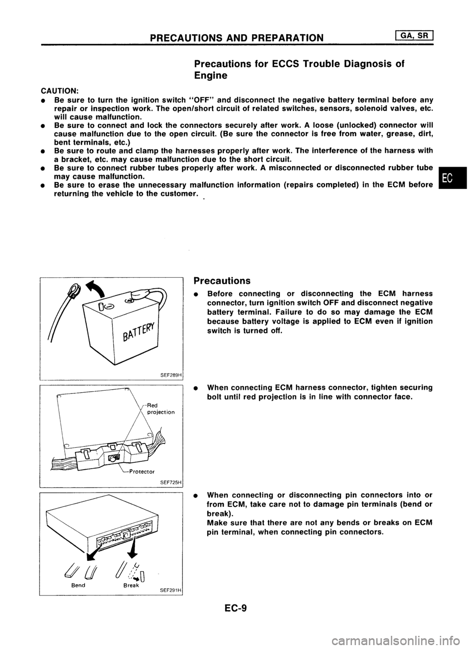 NISSAN ALMERA N15 1995  Service Manual 
PRECAUTIONSANDPREPARATION 
I

GA, SR
I

Precautions forECCS Trouble Diagnosis of
Engine

CAUTION:
• Besure toturn theignition switch"OFF" anddisconnect thenegative batteryterminal beforeany