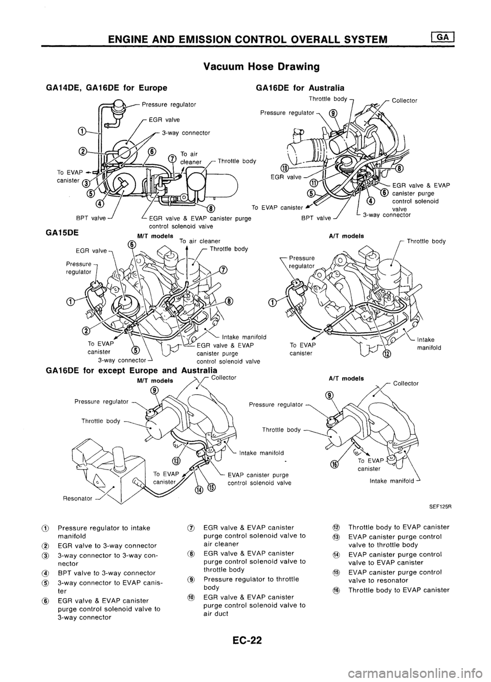NISSAN ALMERA N15 1995  Service Manual ENGINEANDEMISSION CONTROLOVERALLSYSTEM
Vacuum HoseDrawing
GA 14DE, GA16DE forEurope
GA15DE
Pressureregulator ~.

"

Throttle body 
\1--"

10 ~

EGR valve 
~L/

~1 ~ 
t~:::-
EGRvalve 
&
EVAP

z