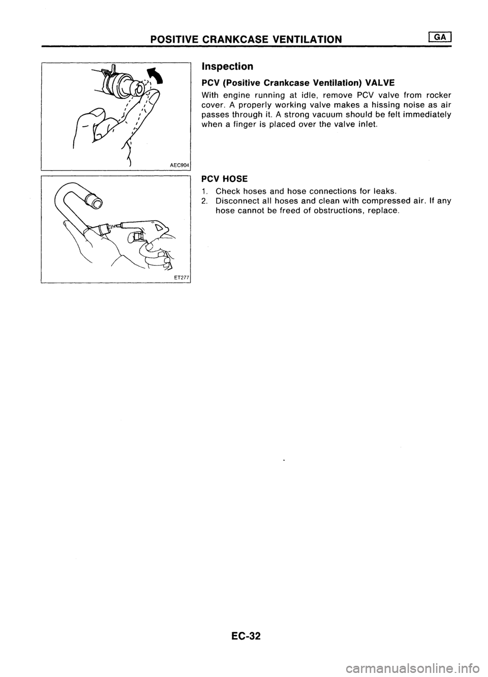 NISSAN ALMERA N15 1995  Service Manual POSITIVECRANKCASE VENTILATION
Inspection
PCV (Positive Crankcase Ventilation) VALVE

With engine running atidle, remove PCVvalve fromrocker
cover. Aproperly workingvalvemakes ahissing noiseasair
passe