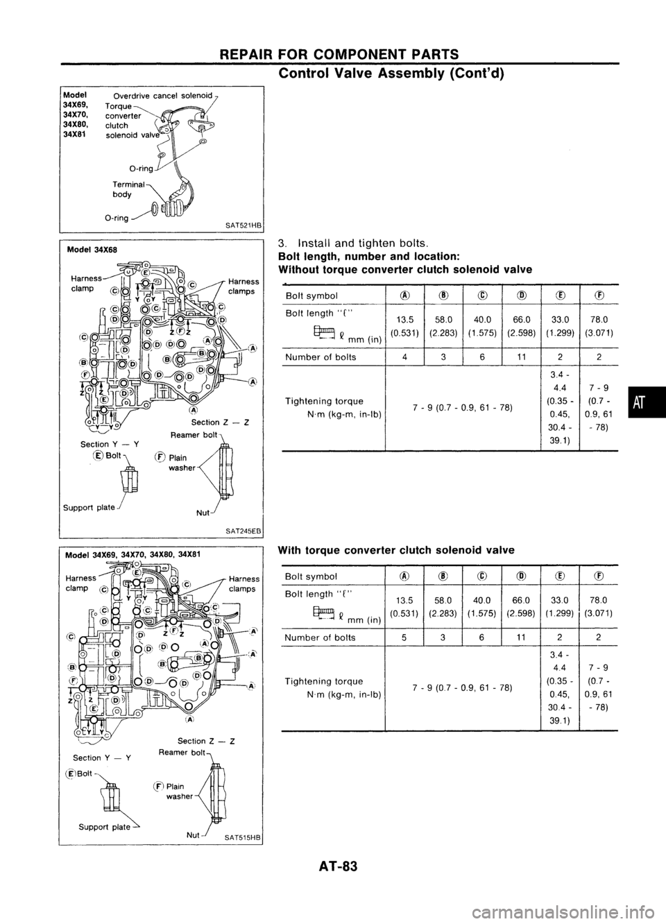 NISSAN ALMERA N15 1995 Service Manual REPAIRFORCOMPONENT PARTS
Control ValveAssembly (Cont'd)
Model
34X69, 34X70,
34X80, 34X81 Overdrive
cancelsolenoid
Torque~ converter
clutch
'0
solenoid valv~
'"
o_rin~
Terminal
0
NISSAN ALMERA N15 1995 Service Manual REPAIRFORCOMPONENT PARTS
Control ValveAssembly (Cont'd)
Model
34X69, 34X70,
34X80, 34X81 Overdrive
cancelsolenoid
Torque~ converter
clutch
'0
solenoid valv~
'"
o_rin~
Terminal
0