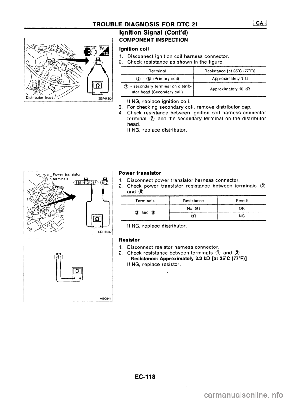 NISSAN ALMERA N15 1995  Service Manual TROUBLEDIAGNOSIS FORDTC21
Ignition Signal
(Cont'd)

COMPONENT INSPECTION
Ignition coil

1. Disconnect ignitioncoilharness connector.
2. Check resistance asshown inthe figure.
If NG, replace igniti