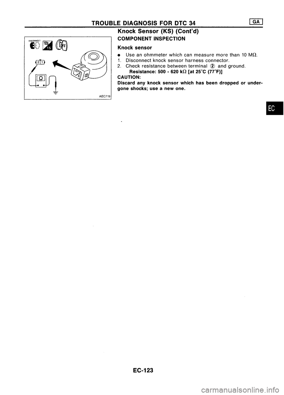 NISSAN ALMERA N15 1995  Service Manual TROUBLEDIAGNOSIS FOROTC34

Knock Sensor (KS)(ConI' d)

COMPONENT INSPECTION

Knock sensor

• Use anohmmeter whichcanmeasure morethan10MQ.
1. Disconnect knocksensor harness connector.
2. Check re