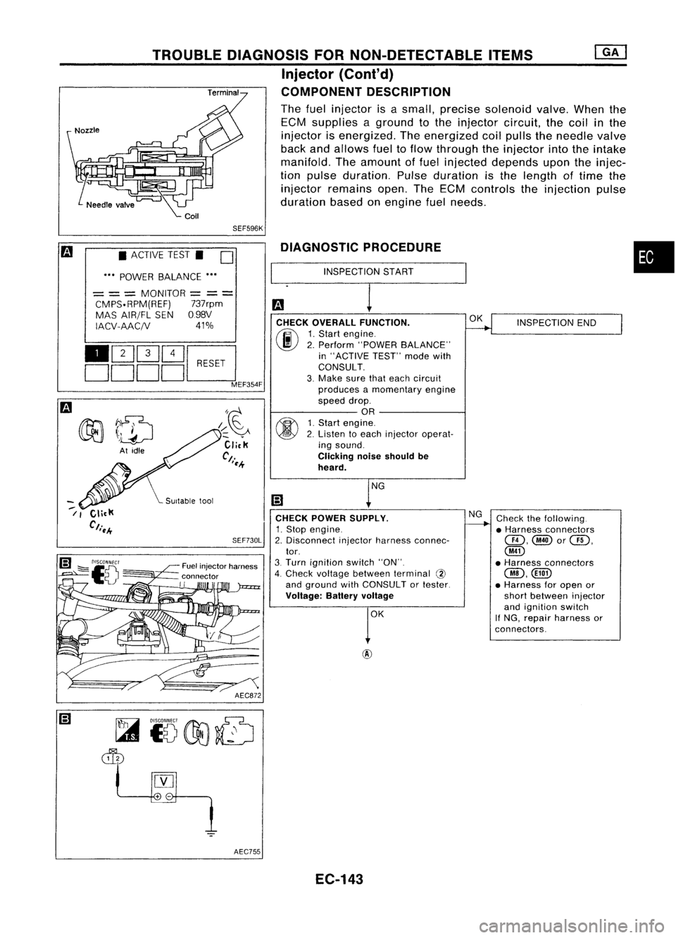 NISSAN ALMERA N15 1995  Service Manual 
•

INSPECTION END
Check thefollowing.
• Harness connectors

@,@or@,

@

• Harness connectors

@,CillD

• Harness foropen or
short between injector
and ignition switch
If NG, repair harness or