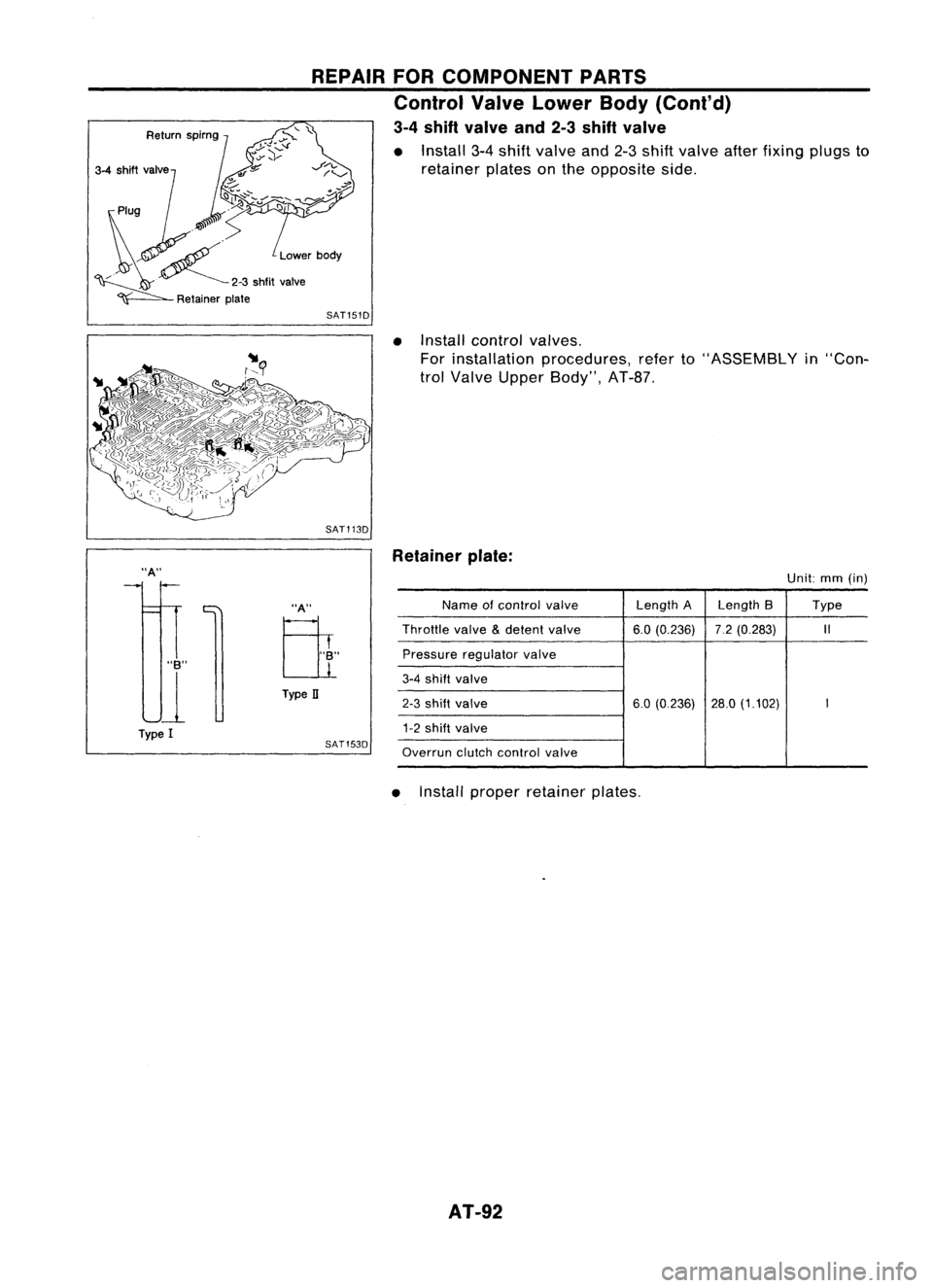 NISSAN ALMERA N15 1995 Owners Manual REPAIRFORCOMPONENT PARTS
Control ValveLower Body(Cont'd)
3-4 shift valve and2-3shift valve
• Install 3-4shift valve and2-3shift valve afterfixing plugsto
retainer platesonthe opposite side.
SA NISSAN ALMERA N15 1995 Owners Manual REPAIRFORCOMPONENT PARTS
Control ValveLower Body(Cont'd)
3-4 shift valve and2-3shift valve
• Install 3-4shift valve and2-3shift valve afterfixing plugsto
retainer platesonthe opposite side.
SA