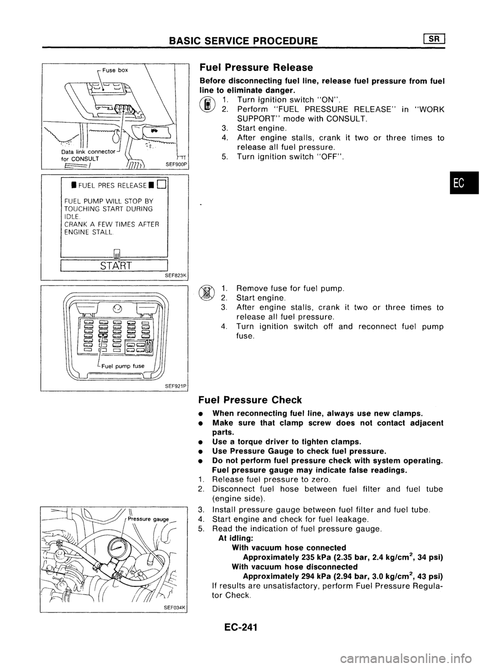 NISSAN ALMERA N15 1995 Service Manual
~U5e
box
~~~
~11~1-
Datalinkconnector ~"
for CONSULT
t=====/
• FUEL PRESRELEASE. D
FUEL PUMP WillSTOP BY
TOUCHING STARTDURING
IDLE.
CRANK AFEW TIMES AFTER
ENGINE STALL
---S-T~-RT--
BASIC
S NISSAN ALMERA N15 1995 Service Manual
~U5e
box
~~~
~11~1-
Datalinkconnector ~"
for CONSULT
t=====/
• FUEL PRESRELEASE. D
FUEL PUMP WillSTOP BY
TOUCHING STARTDURING
IDLE.
CRANK AFEW TIMES AFTER
ENGINE STALL
---S-T~-RT--
BASIC
S