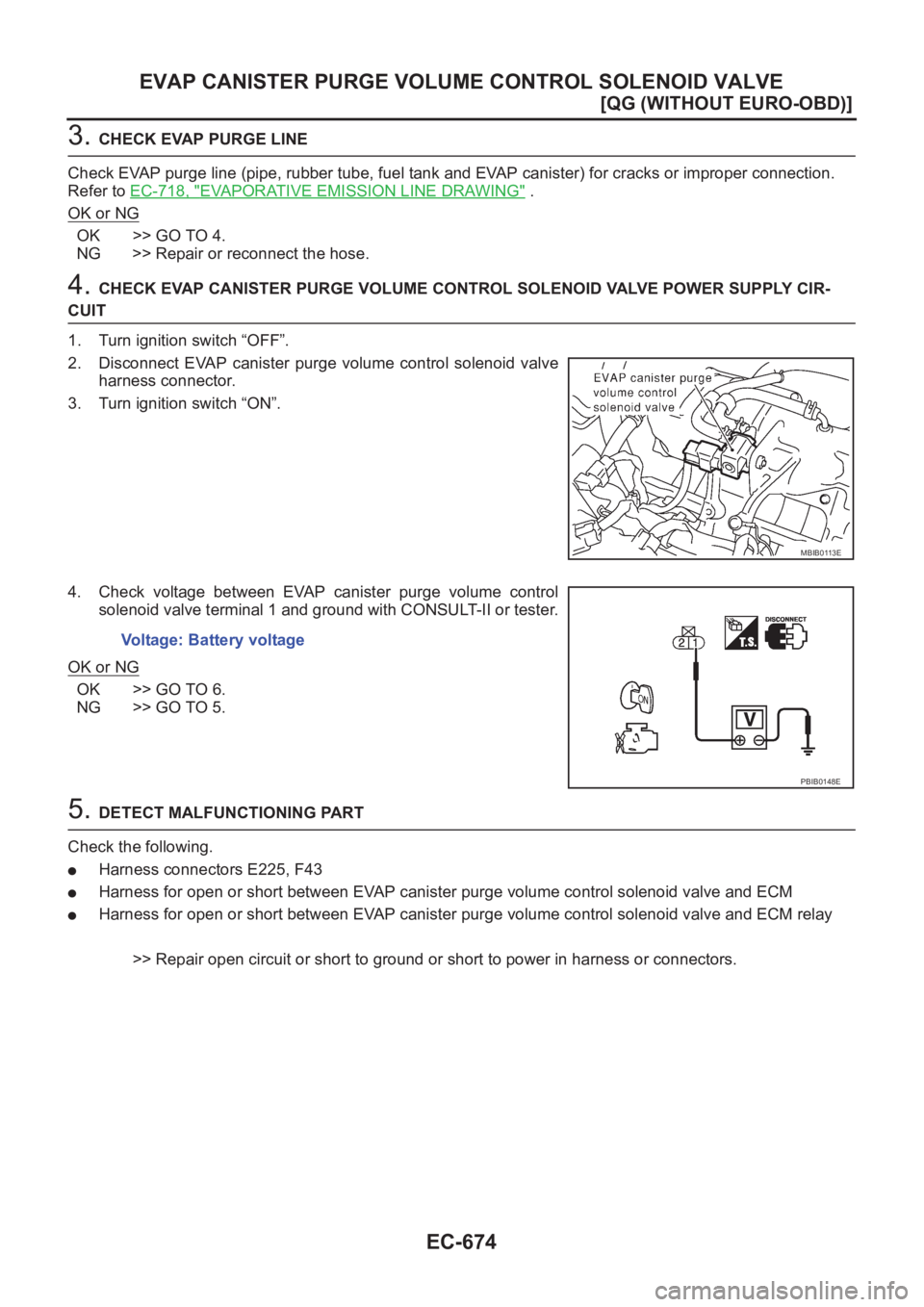 NISSAN ALMERA N16 2003  Electronic Repair Manual EC-674
[QG (WITHOUT EURO-OBD)]
EVAP CANISTER PURGE VOLUME CONTROL SOLENOID VALVE
3. CHECK EVAP PURGE LINE
Check EVAP purge line (pipe, rubber tube, fuel tank and EVAP canister) for cracks or improper 