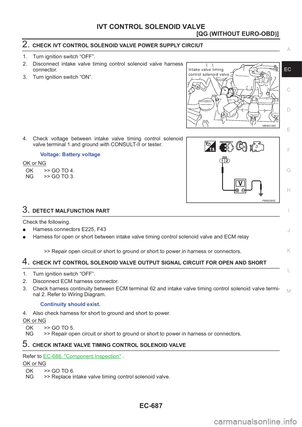 NISSAN ALMERA N16 2003  Electronic Repair Manual IVT CONTROL SOLENOID VALVE
EC-687
[QG (WITHOUT EURO-OBD)]
C
D
E
F
G
H
I
J
K
L
MA
EC
2.CHECK IVT CONTROL SOLENOID VALVE POWER SUPPLY CIRCIUT
1. Turn ignition switch “OFF”.
2. Disconnect  intake  va
