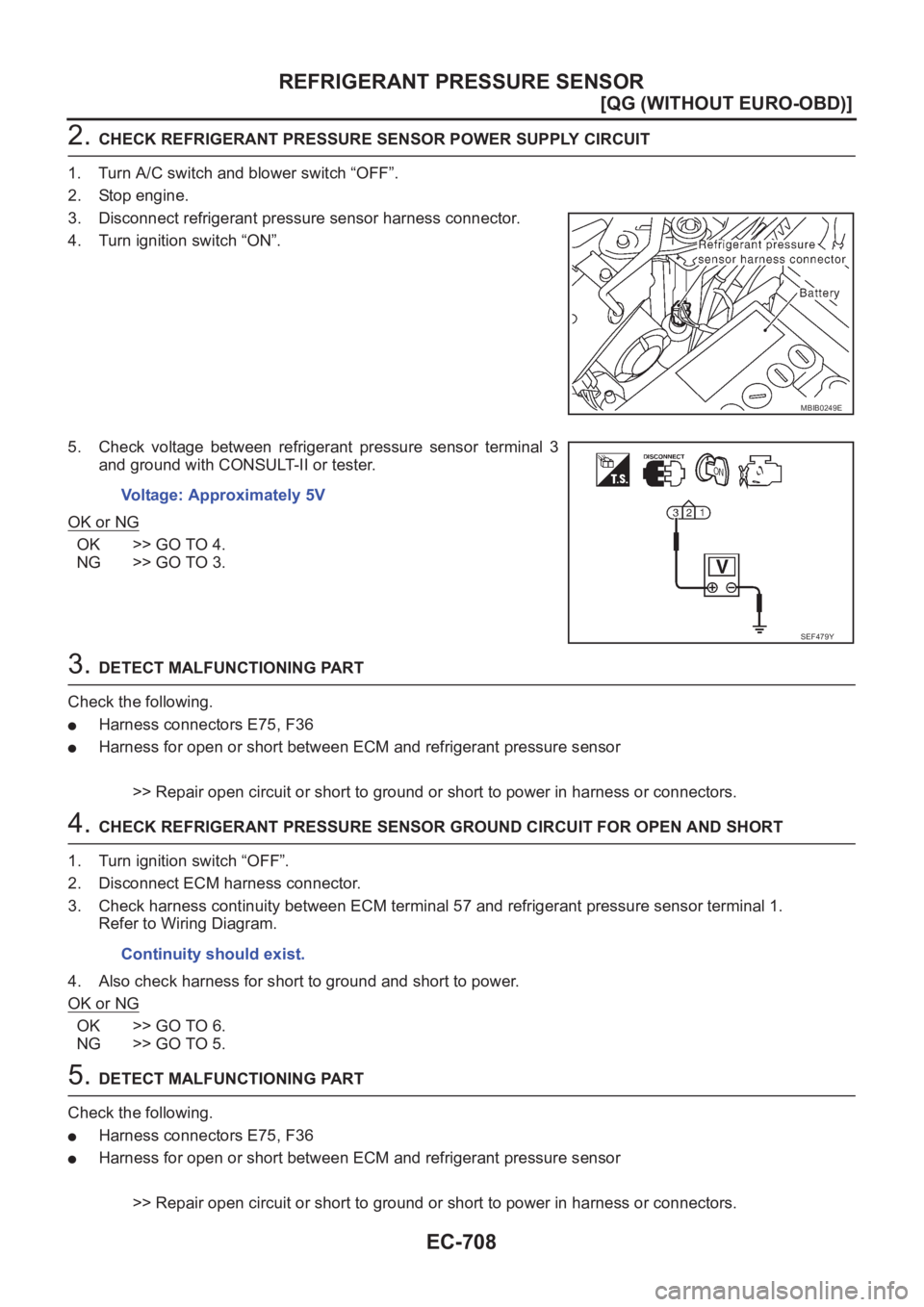 NISSAN ALMERA N16 2003  Electronic Repair Manual EC-708
[QG (WITHOUT EURO-OBD)]
REFRIGERANT PRESSURE SENSOR
2. CHECK REFRIGERANT PRESSURE SENSOR POWER SUPPLY CIRCUIT
1. Turn A/C switch and blower switch “OFF”.
2. Stop engine.
3. Disconnect refri