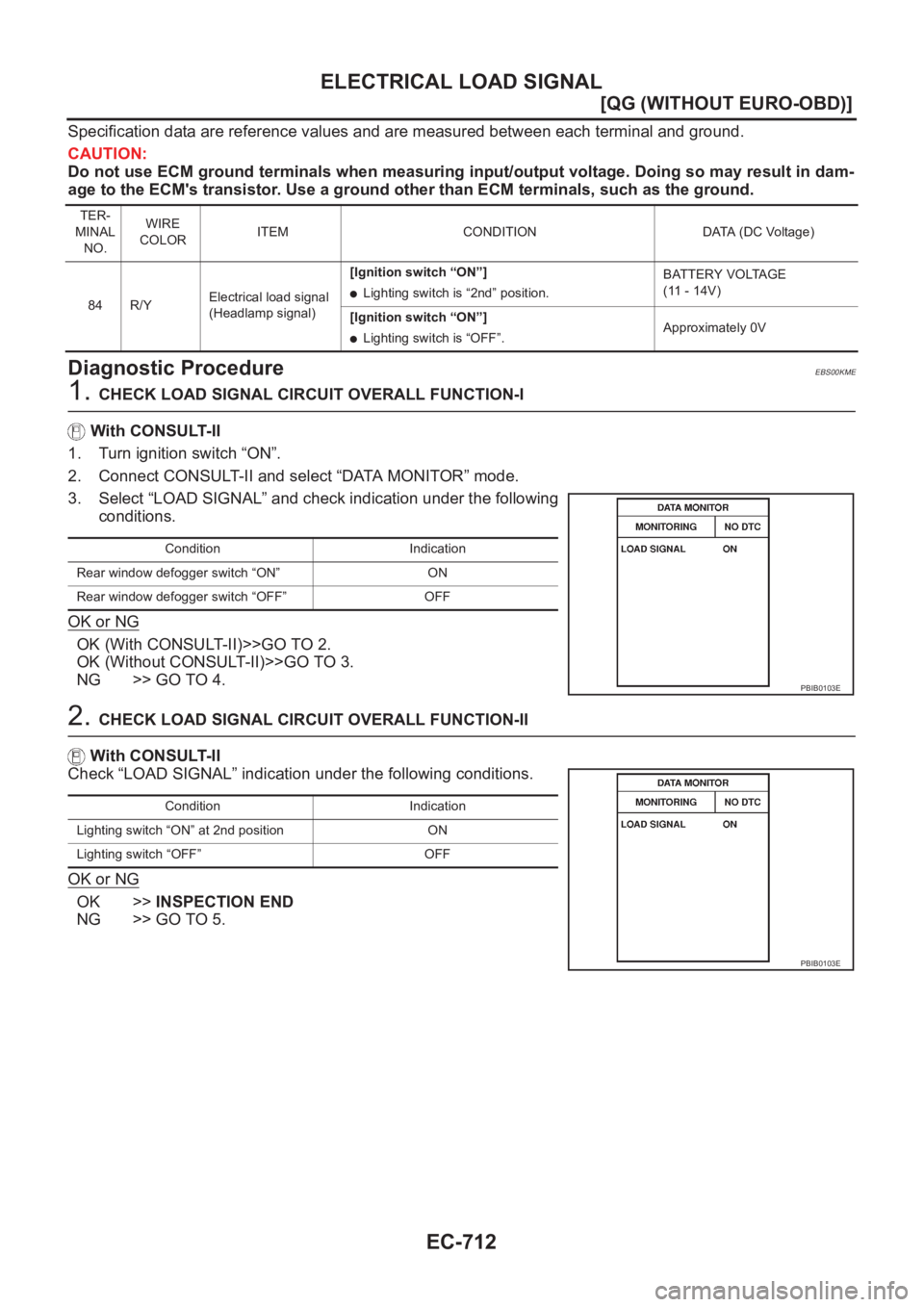 NISSAN ALMERA N16 2003  Electronic Repair Manual EC-712
[QG (WITHOUT EURO-OBD)]
ELECTRICAL LOAD SIGNAL
Specification data are reference values and are measured between each terminal and ground.
CAUTION:
Do not use ECM ground terminals when measuring