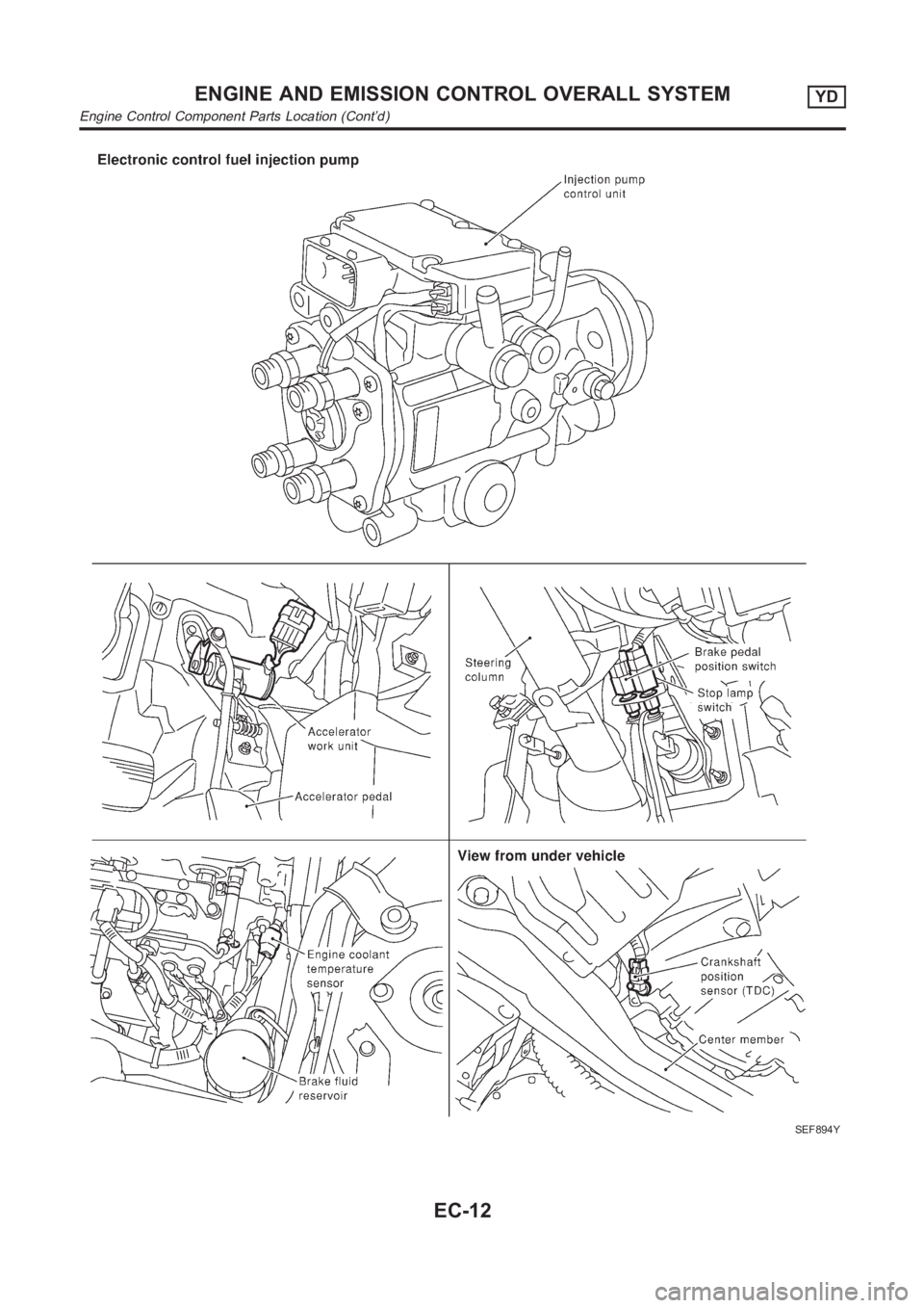 NISSAN ALMERA N16 2003  Electronic Repair Manual SEF894Y
ENGINE AND EMISSION CONTROL OVERALL SYSTEMYD
Engine Control Component Parts Location (Cont’d)
EC-12 