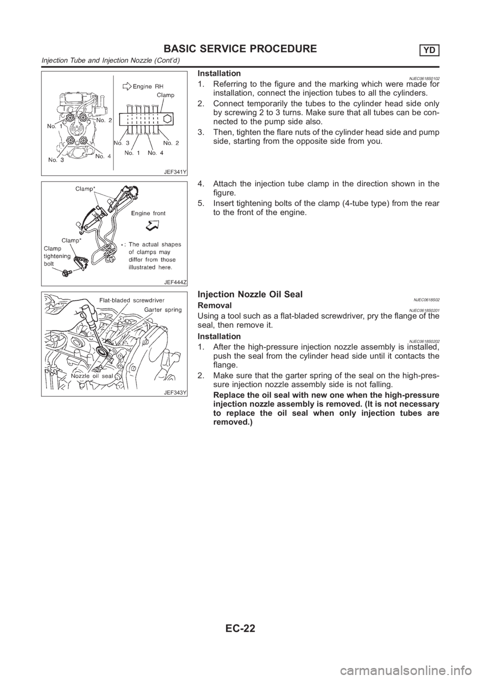 NISSAN ALMERA N16 2003  Electronic Repair Manual JEF341Y
InstallationNJEC0618S01021. Referring to the figure and the marking which were made for
installation, connect the injection tubes to all the cylinders.
2. Connect temporarily the tubes to the 