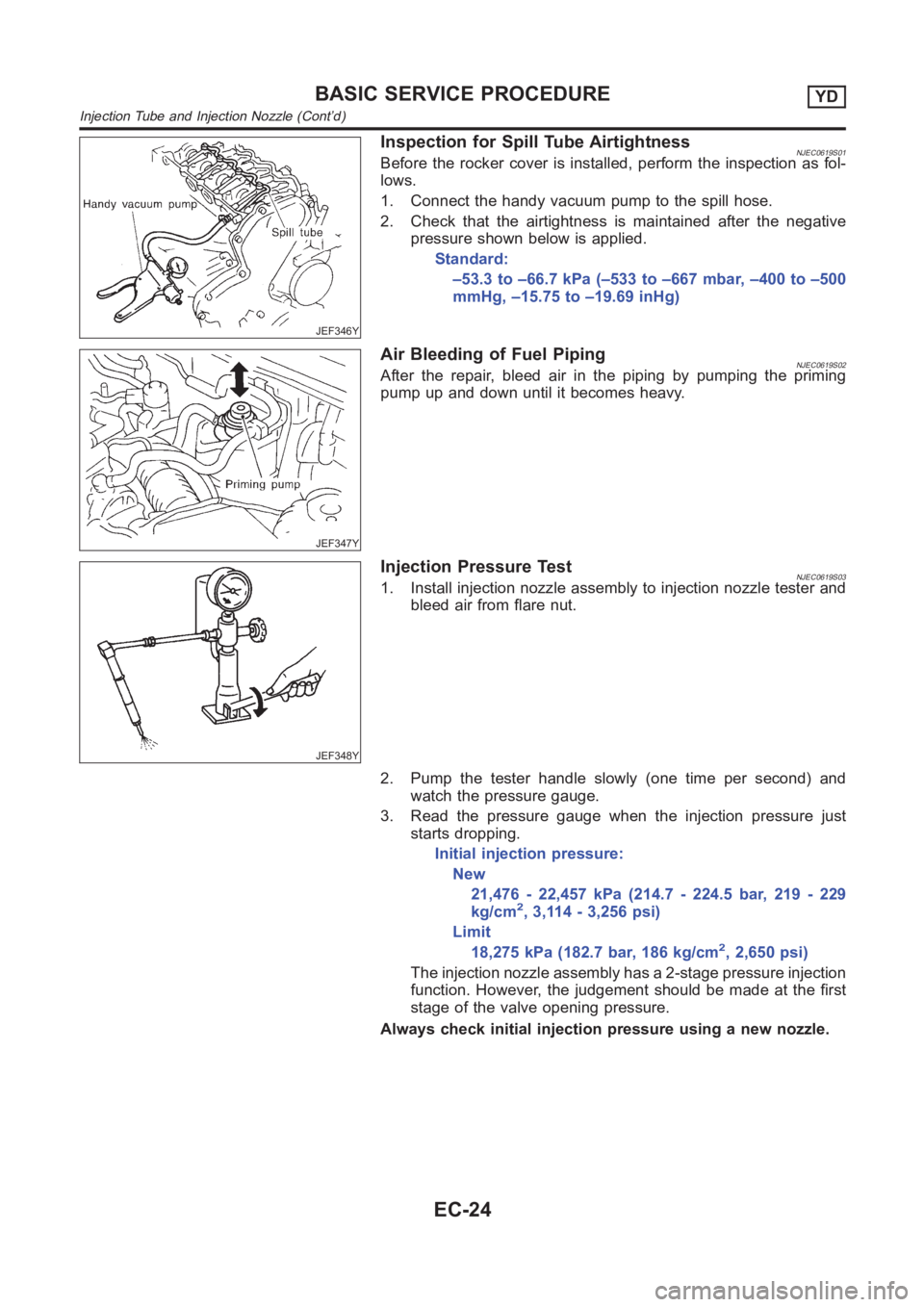 NISSAN ALMERA N16 2003  Electronic Repair Manual JEF346Y
Inspection for Spill Tube AirtightnessNJEC0619S01Before the rocker cover is installed, perform the inspection as fol-
lows.
1. Connect the handy vacuum pump to the spill hose.
2. Check that th