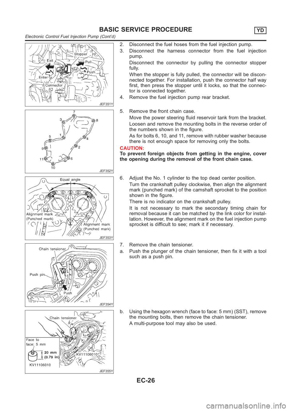 NISSAN ALMERA N16 2003  Electronic Repair Manual JEF351Y
2. Disconnect the fuel hoses from the fuel injection pump.
3. Disconnect the harness connector from the fuel injection
pump.
Disconnect the connector by pulling the connector stopper
fully.
Wh