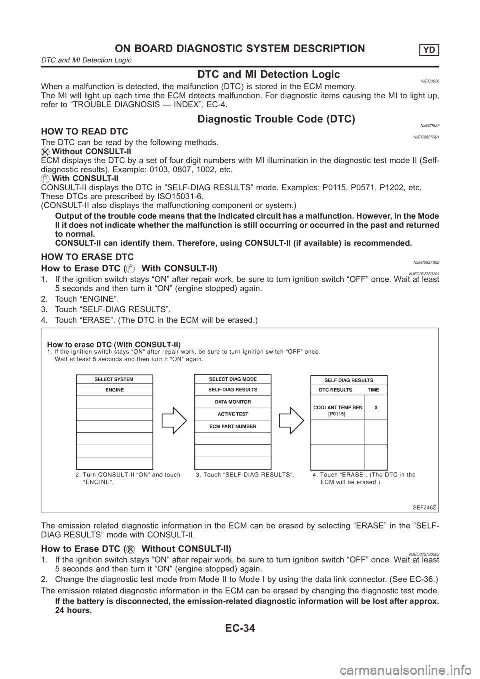 NISSAN ALMERA N16 2003  Electronic Repair Manual DTC and MI Detection LogicNJEC0626When a malfunction is detected, the malfunction (DTC) is stored in the ECM memory.
The MI will light up each time the ECM detects malfunction. For diagnostic items ca
