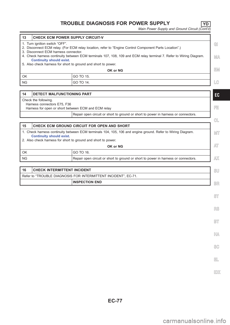 NISSAN ALMERA N16 2003  Electronic Repair Manual 13 CHECK ECM POWER SUPPLY CIRCUIT-V
1. Turn ignition switch “OFF”.
2. Disconnect ECM relay. (For ECM relay location, refer to “Engine ControlComponent Parts Location”.)
3. Disconnect ECM harne