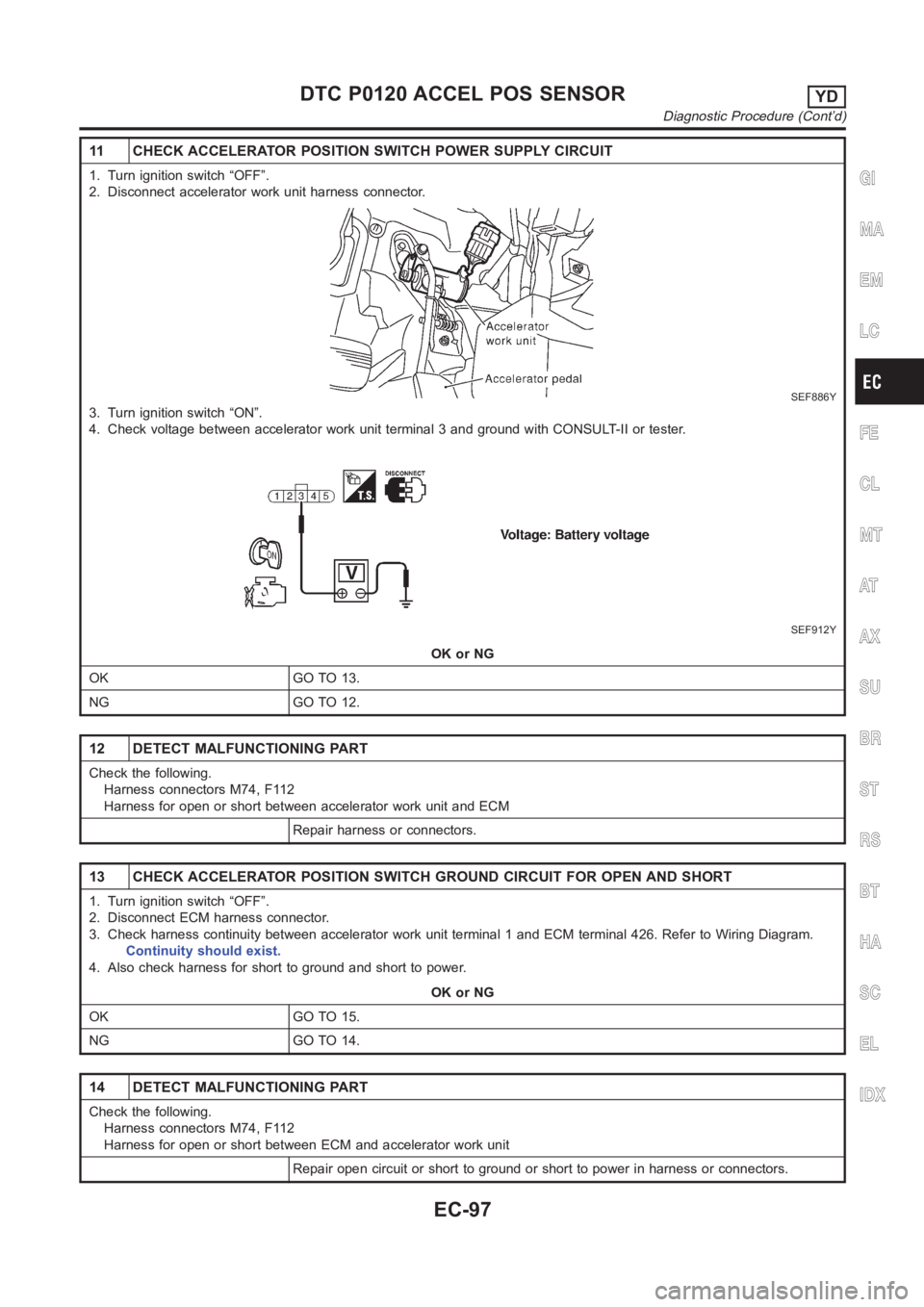 NISSAN ALMERA N16 2003  Electronic Repair Manual 11 CHECK ACCELERATOR POSITION SWITCH POWER SUPPLY CIRCUIT
1. Turn ignition switch “OFF”.
2. Disconnect accelerator work unit harness connector.
SEF886Y
3. Turn ignition switch “ON”.
4. Check v