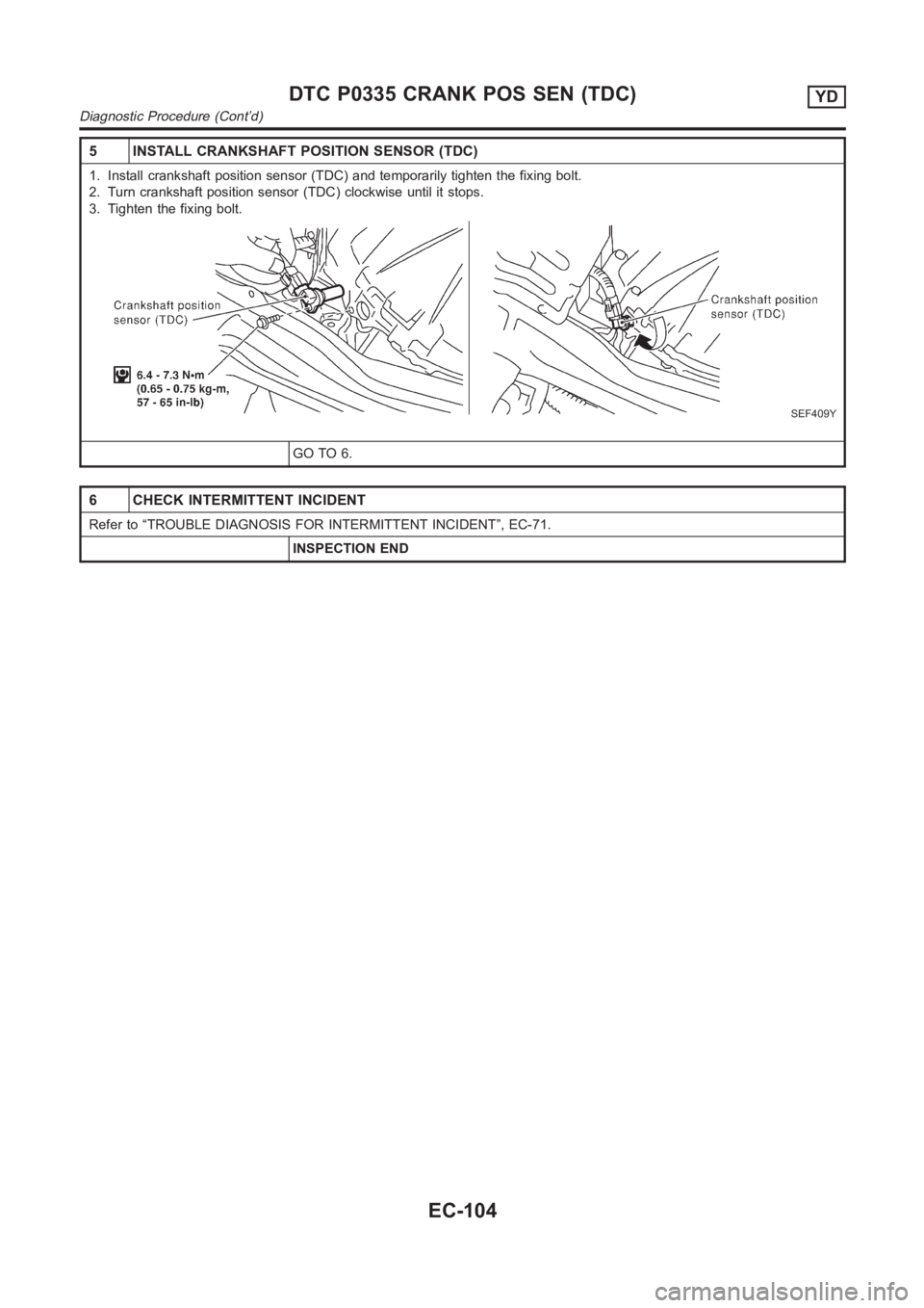 NISSAN ALMERA N16 2003  Electronic Repair Manual 5 INSTALL CRANKSHAFT POSITION SENSOR (TDC)
1. Install crankshaft position sensor (TDC) and temporarily tighten the fixing bolt.
2. Turn crankshaft position sensor (TDC) clockwise until it stops.
3. Ti