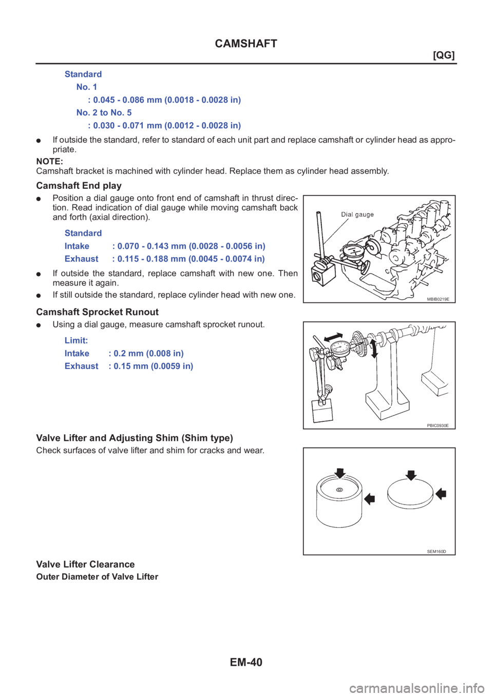 NISSAN ALMERA N16 2003  Electronic Repair Manual EM-40
[QG]
CAMSHAFT
●If outside the standard, refer to standard of each unit part and replace camshaft or cylinder head as appro-
priate.
NOTE:
Camshaft bracket is machined with cylinder head. Repla
