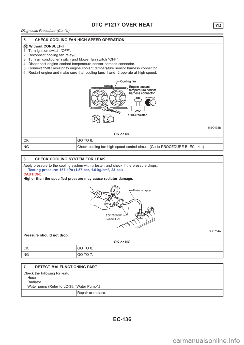NISSAN ALMERA N16 2003  Electronic Repair Manual 5 CHECK COOLING FAN HIGH SPEED OPERATION
Without CONSULT-II
1. Turn ignition switch “OFF”.
2. Reconnect cooling fan relay-3.
3. Turn air conditioner switch and blower fan switch “OFF”.
4. Disc