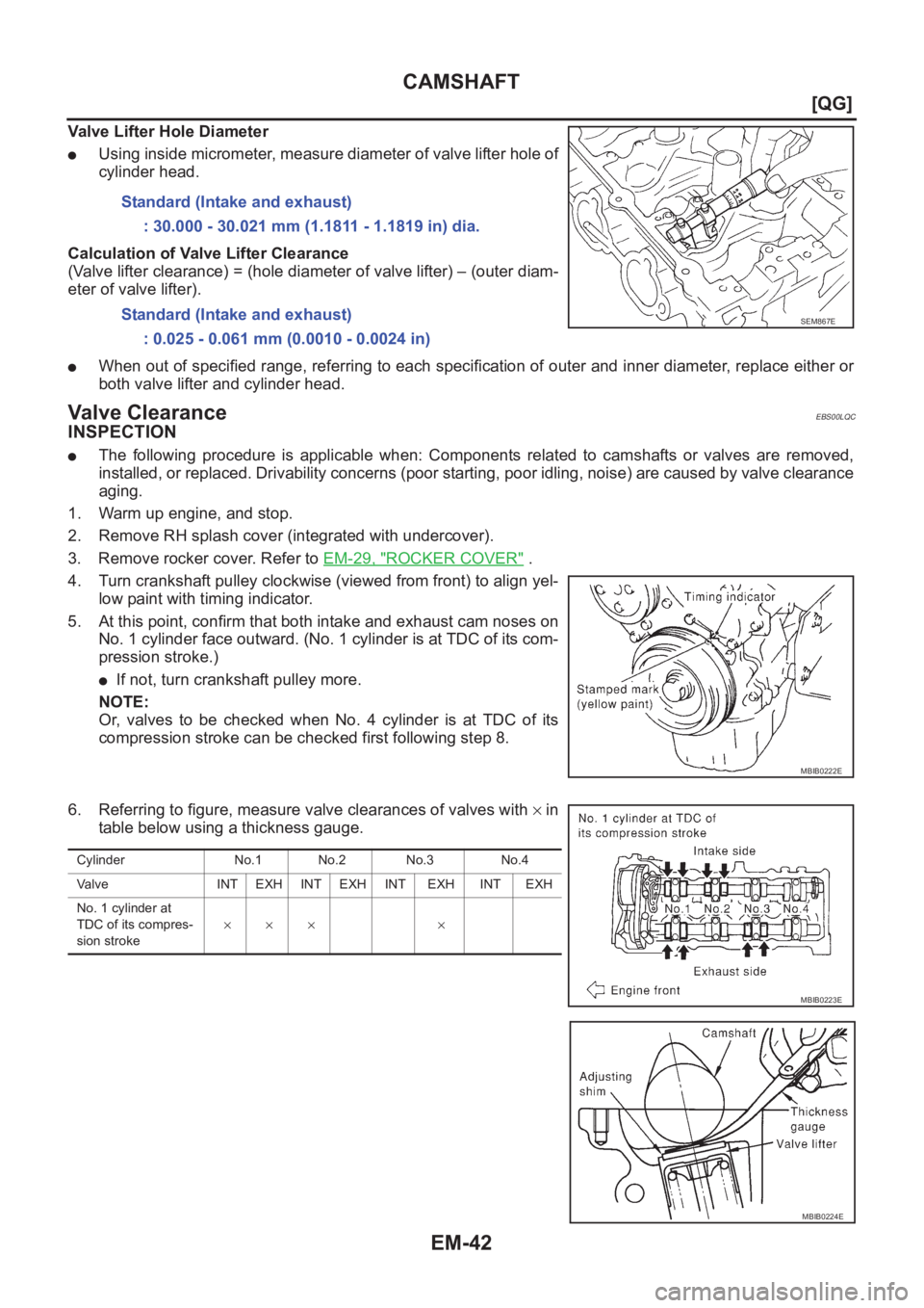 NISSAN ALMERA N16 2003  Electronic Repair Manual EM-42
[QG]
CAMSHAFT
Valve Lifter Hole Diameter
●Using inside micrometer, measure diameter of valve lifter hole of
cylinder head.
Calculation of Valve Lifter Clearance
(Valve lifter clearance) = (hol