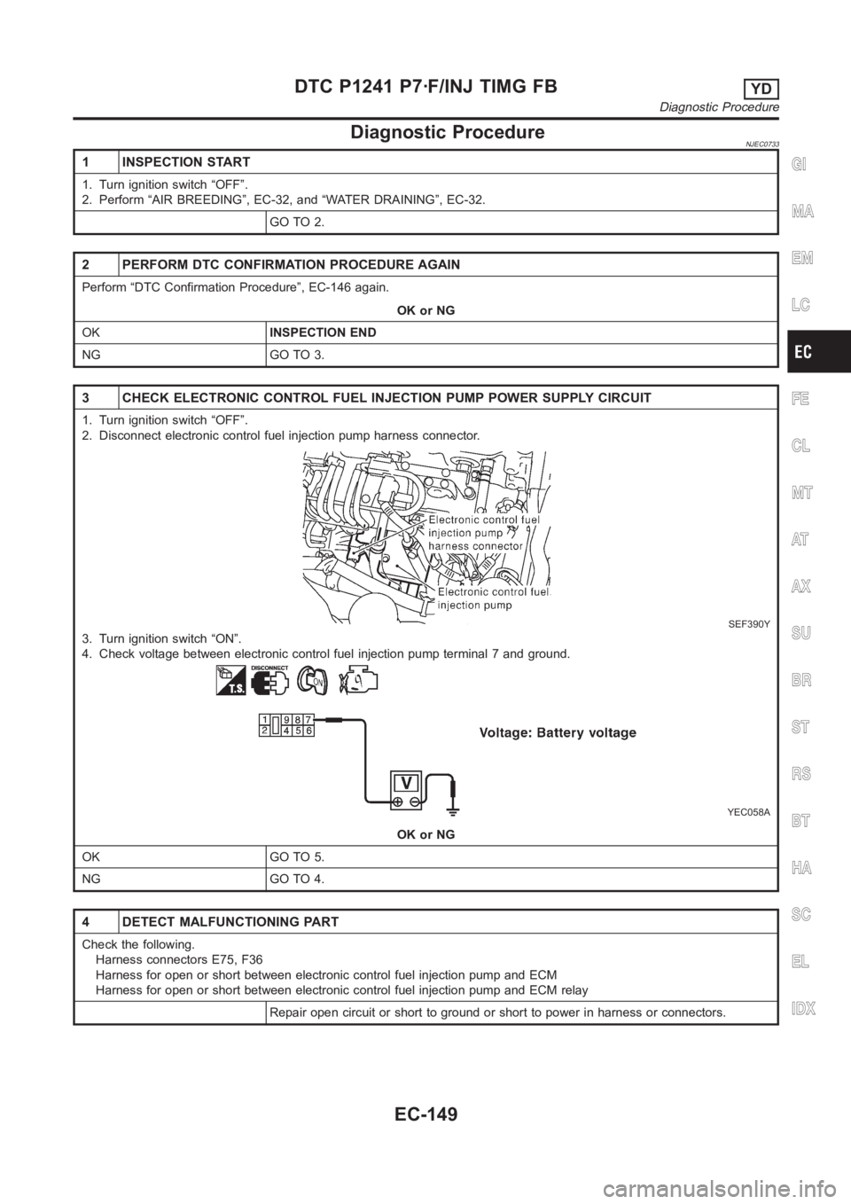 NISSAN ALMERA N16 2003  Electronic Repair Manual Diagnostic ProcedureNJEC0733
1 INSPECTION START
1. Turn ignition switch “OFF”.
2. Perform “AIR BREEDING”, EC-32, and “WATER DRAINING”, EC-32.
GO TO 2.
2 PERFORM DTC CONFIRMATION PROCEDURE 