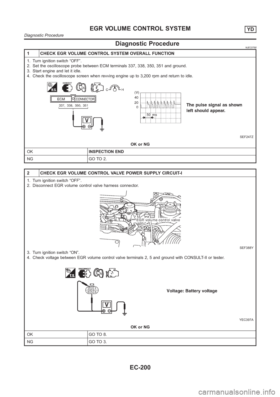 NISSAN ALMERA N16 2003  Electronic Repair Manual Diagnostic ProcedureNJEC0768
1 CHECK EGR VOLUME CONTROL SYSTEM OVERALL FUNCTION
1. Turn ignition switch “OFF”.
2. Set the oscilloscope probe between ECM terminals 337, 338, 350, 351 and ground.
3.